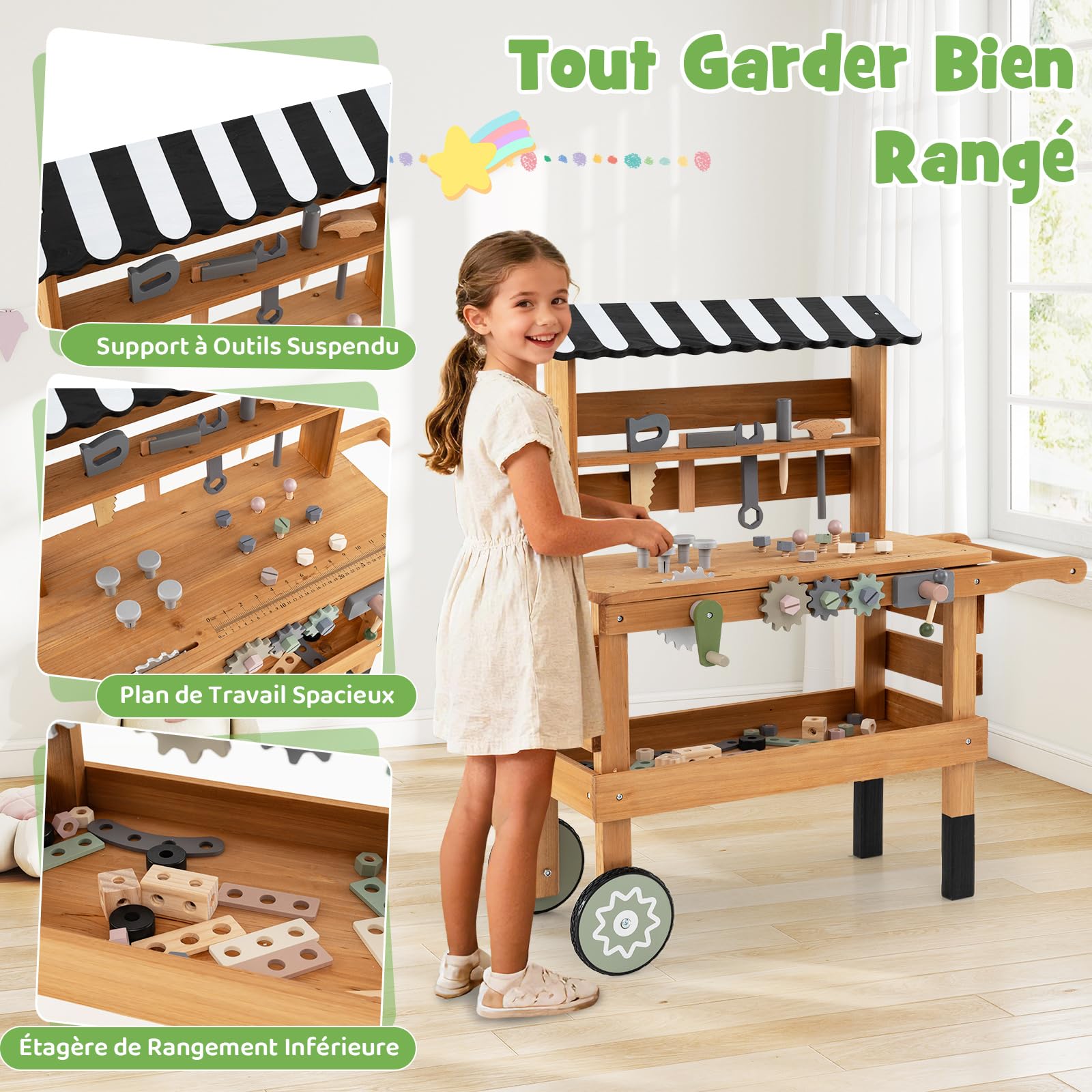 COSTWAY Établi Enfant en Bois avec 5 Outils et 42 Accessoires