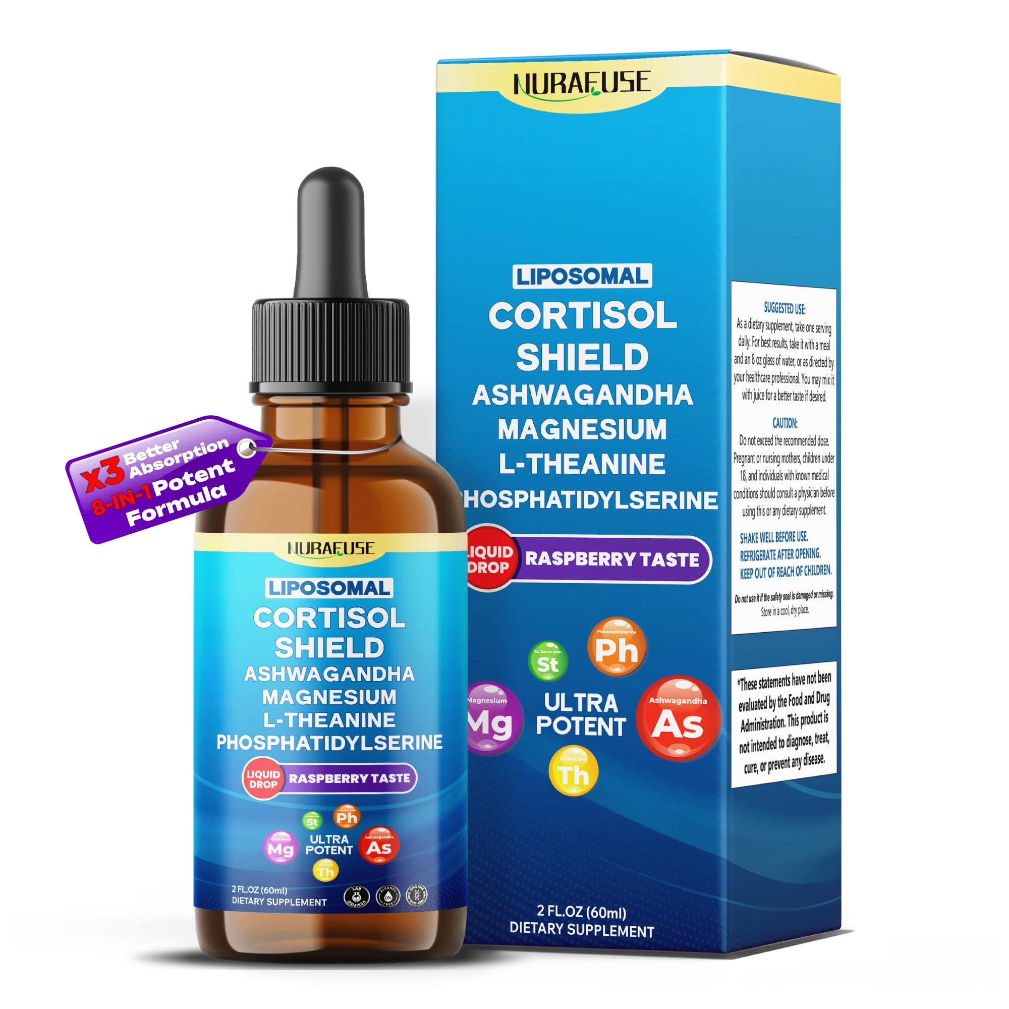 Liposomal Cortisol Shield, Ashwagandha, Magnesium, Theanine, Phosphatidylserine, St Johns Wort Liquid Drops – Ultra Potent, Natural Taste – 2 FL OZ (60ml) 60ml (pack of 1)
