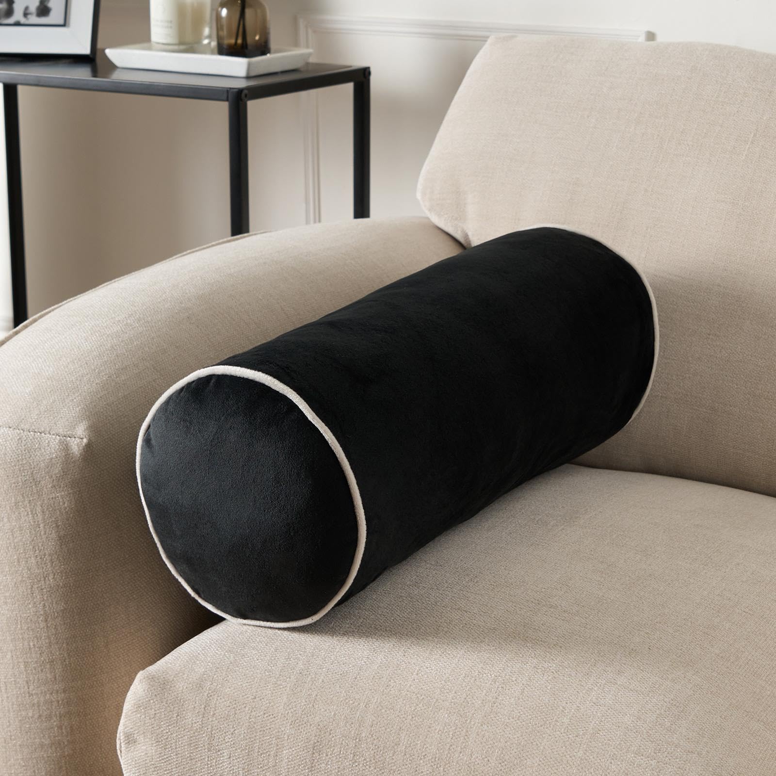 OHS Bolster Cushion Matte Velvet Filled Bedroom Sofa Plump PillowBlack Cream from B&Q