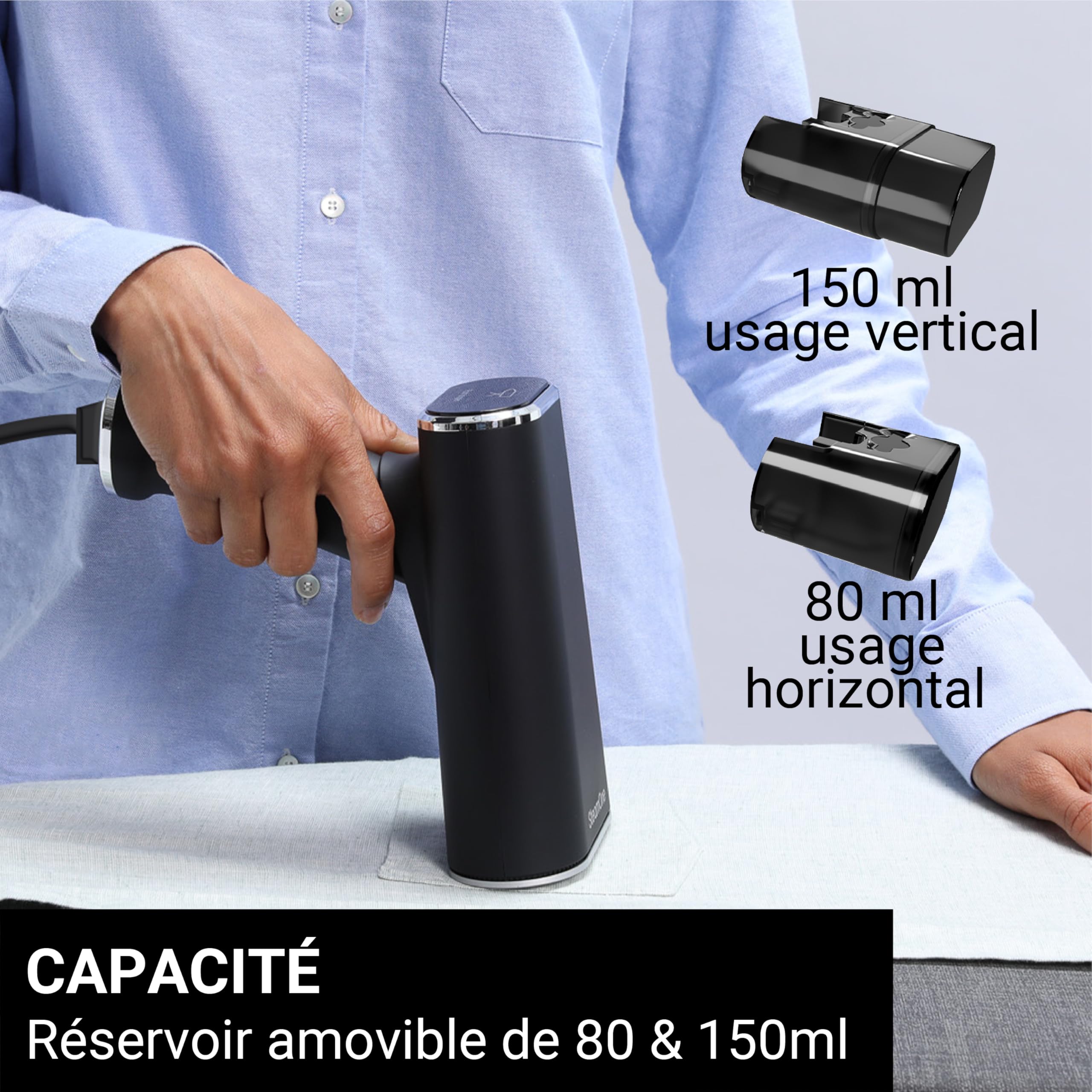 STEAMONE - Steamer Défroisseur à vapeur 2000W 35g/min - Fer portatif - Capacité 80 & 150 ml- Elimines 99,99% d'impuretés - Prêt en 15s - Cable 3m - Format compact - EUFD80BV2