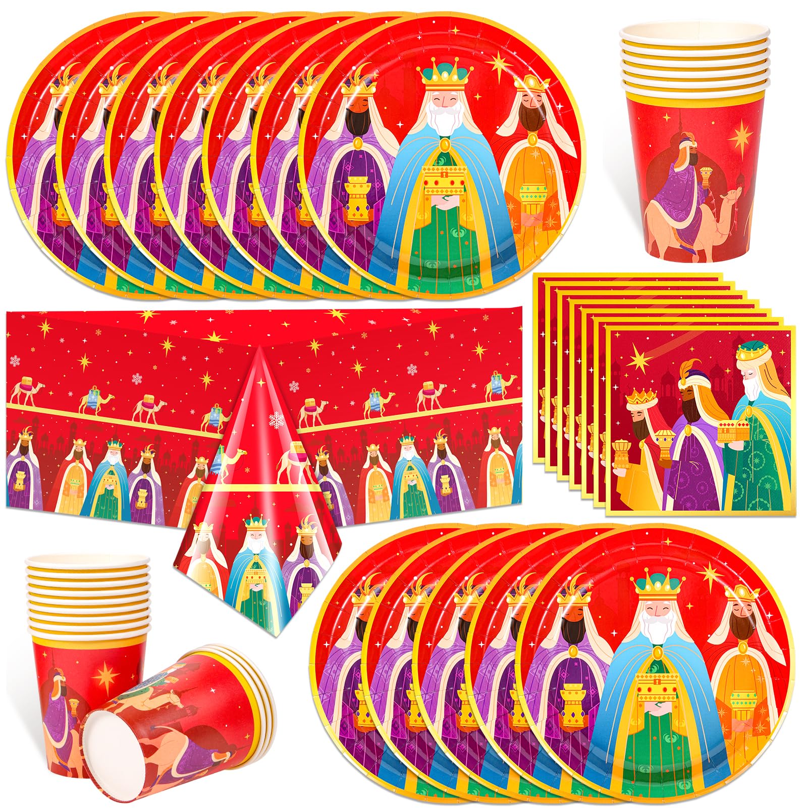 HOWAF Decoracion Navidad Reyes Magos, Vajilla Navidad Reyes Magos, Mantel de Reyes Magos Mantel de Navidad, Plato Llano, Servilleta Papel, Vaso Cartón para Navidad Reyes Magos Decoracion Mesa Navidad
