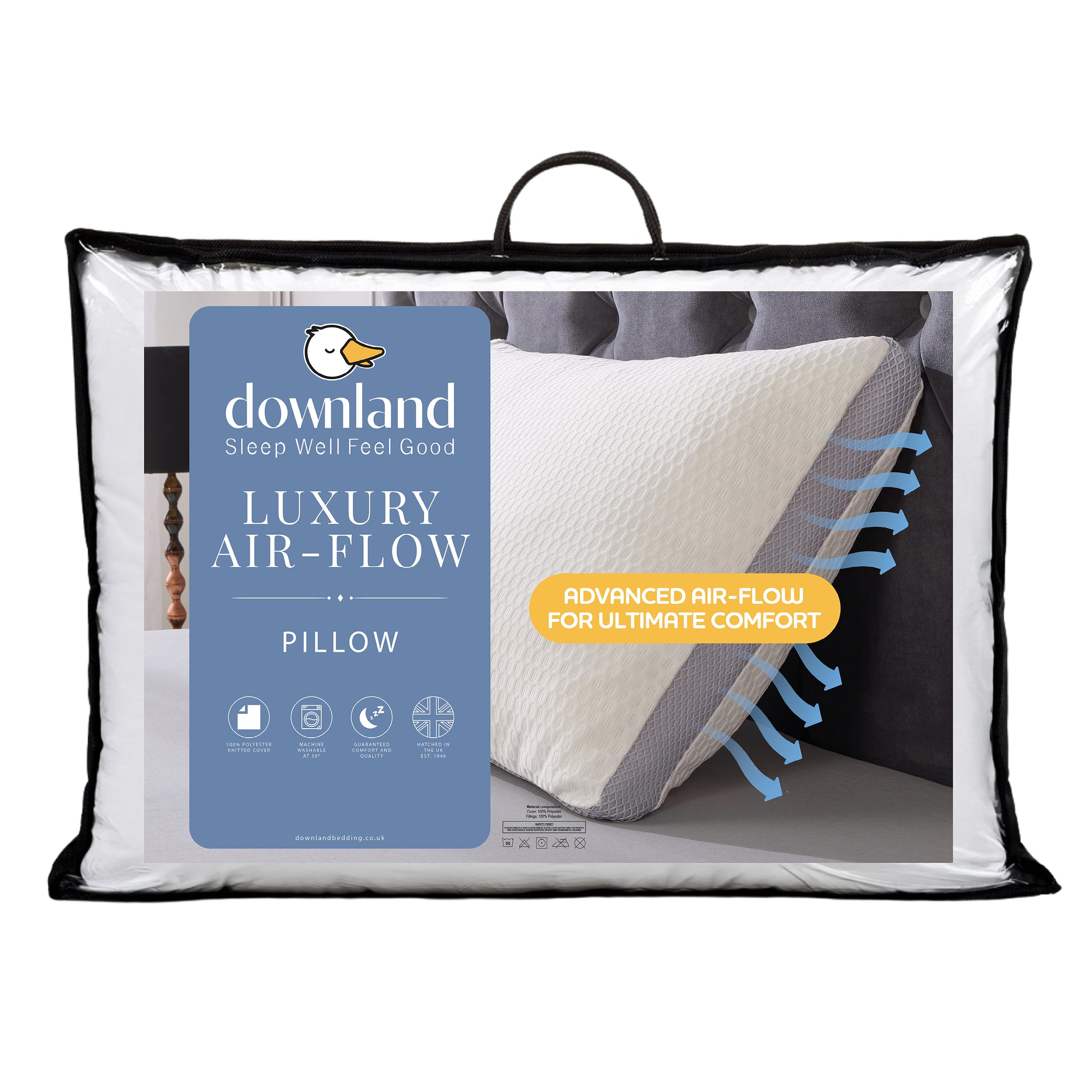 Downland Airflow Pillow - Cooling & Breathable Airmesh Pillow for Hot Sleepers, Soft Supportive Fibre Filling, Prevents Overheating, Hypoallergenic Hotel Quality Bed Pillow, Machine Washable, 42x68cm