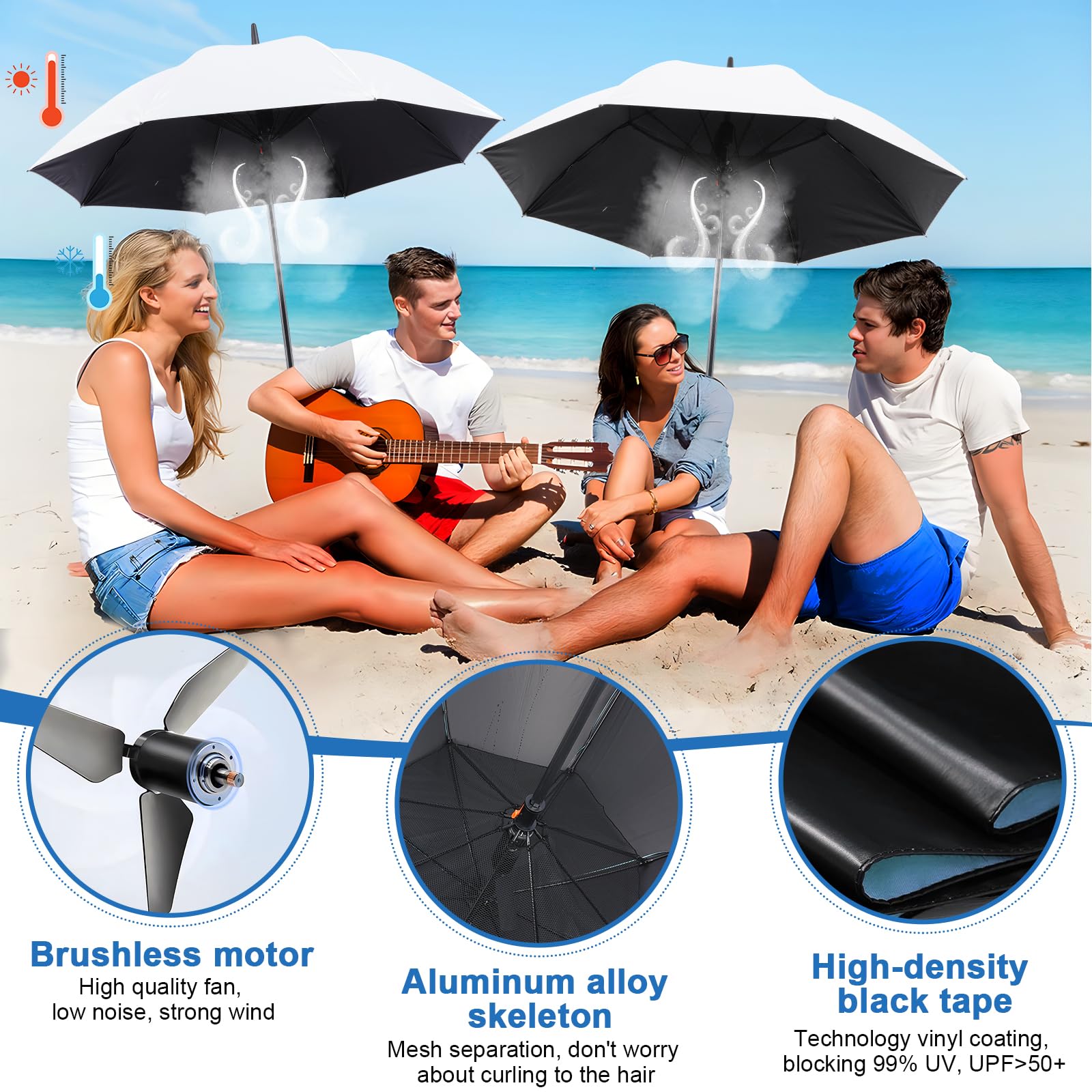 Parapluie avec ventilateur et brume, rechargeable – Solution ultime pour le refroidissement et la protection UV – Idéal pour l'été, la plage, les sports de plein air, le golf, les activités de pêche