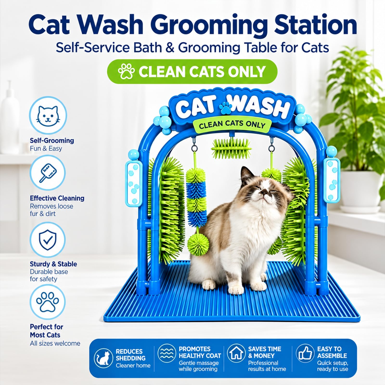 Cat Wash Grooming Station für Katzen, Selbstpflege Bogen mit Massagebürste, Fellpflege Bürste zur Haarentfernung für Wohnungskatzen, Katzen Pflegestation mit Stabiler Basis und Fischspielzeug (2Pcs)