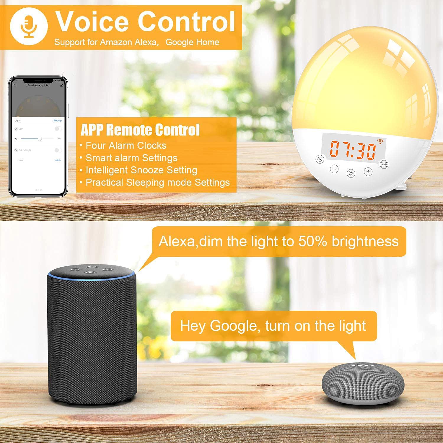 Sunrise budzik z funkcją Smart Wake Up Light Work, cyfrowy budzik z symulacją wschodu słońca, funkcja drzemki / radio FM, 7 dźwięków naturalnych i 4 alarmy dla dorosłych i dzieci (7 kolorów)