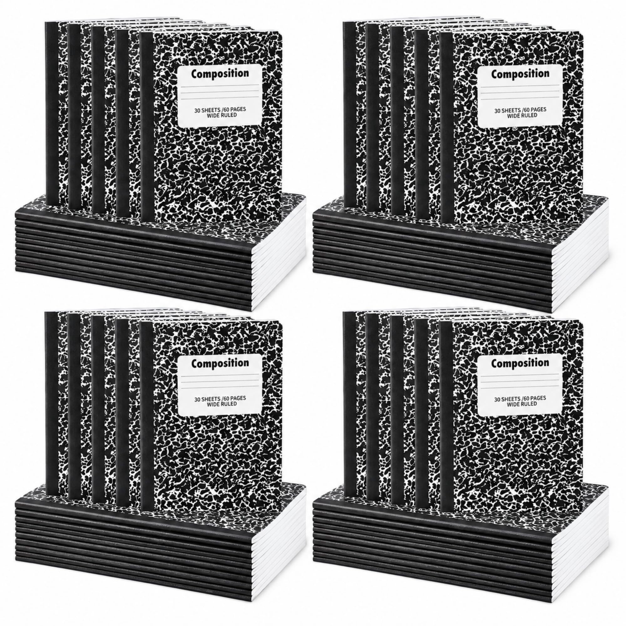 Resurhang Confezione da 100 quaderni per composizione, formato A5, a righe, 30 fogli/60 pagine, copertina marmorizzata, materiale scolastico sfuso, diari per ufficio, 20 x 14 cm, colore: nero