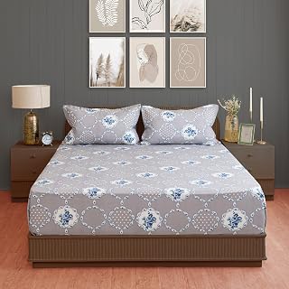 Swayam Roto Cotton King Fitted Bedsheet with 2 Pillow Covers | Size 72 x 78 x 10 inch | 144 TC | Floral Design | Soft Breathable Bed Sheet | Comfortable & Durable for Bedroom - Grey