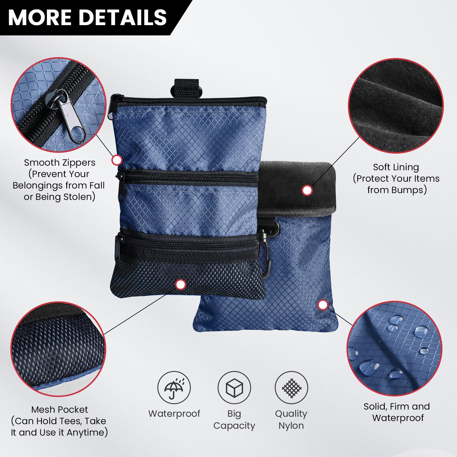 FINGER TEN Golf Pouch Bag for Valuables Tee Color with 4 Golf Pencil Pack, Zippered Pocket Gear Clip Hook to Bag (Blue Pouch Bag)