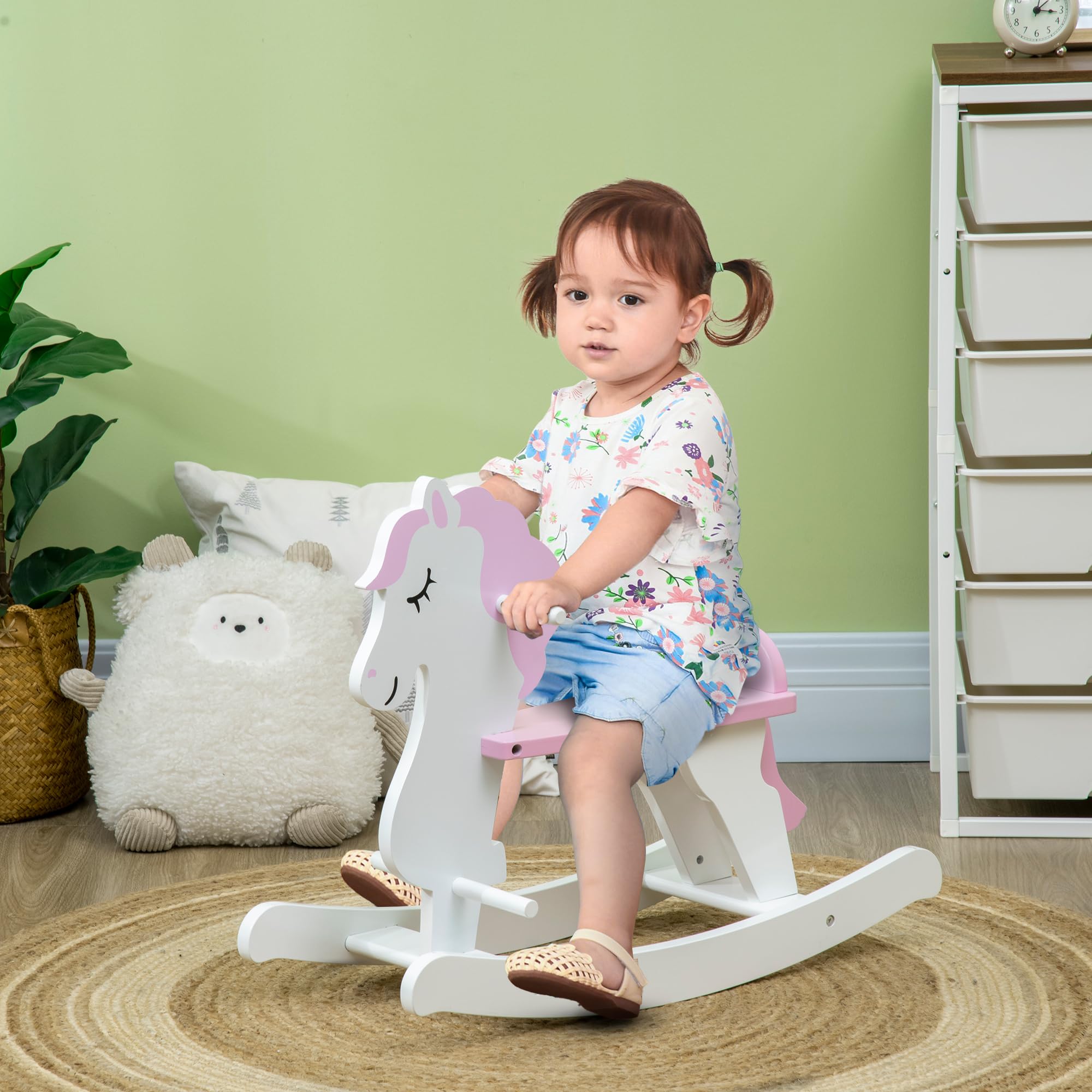 Qaba Wooden Rocking Horse, Baby Rocking Chair, for Toddlers 1-3, Kids Ride on Horse for Boys and Girls, Pink and White