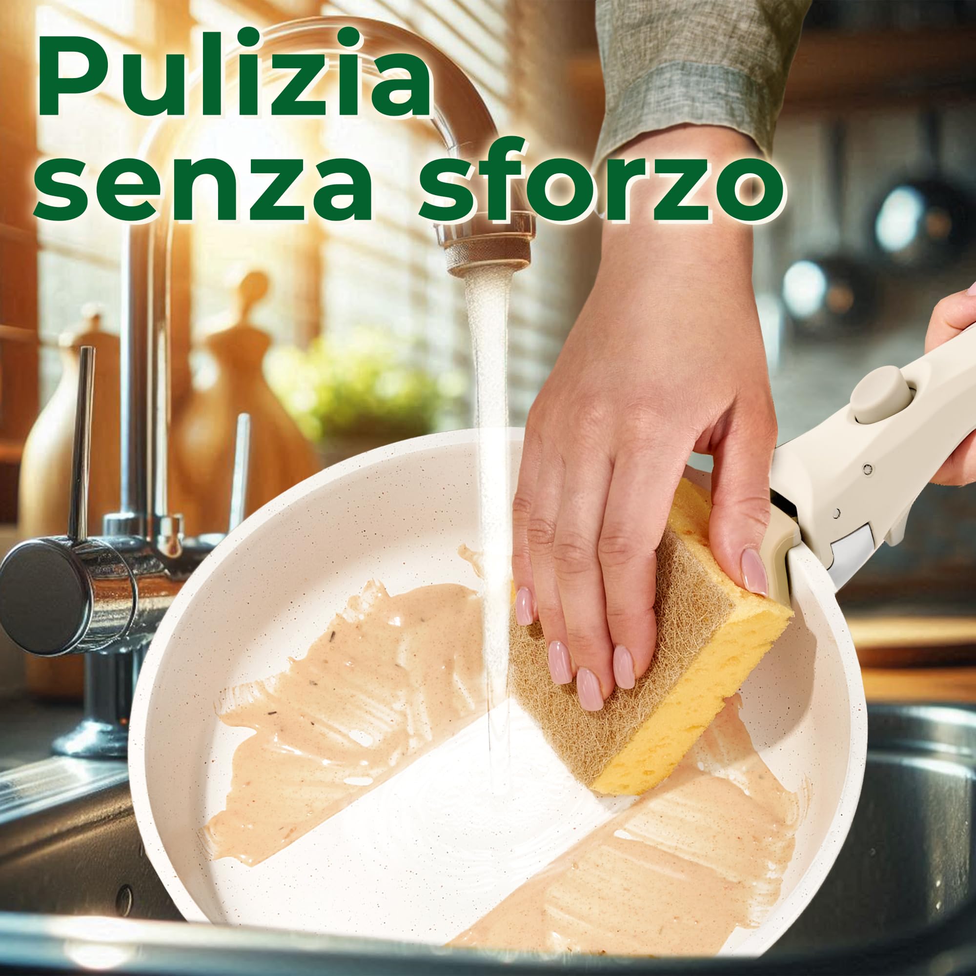 Just Perfecto Essential Batteria di Pentole 11 Pezzi, Manici Amovibili Padella con Casseruola Fonda, Padella, Tegame, Wok, Coperchi, Antiaderenti per Induzione,Lavastoviglie, Gas e Forno (Biege)
