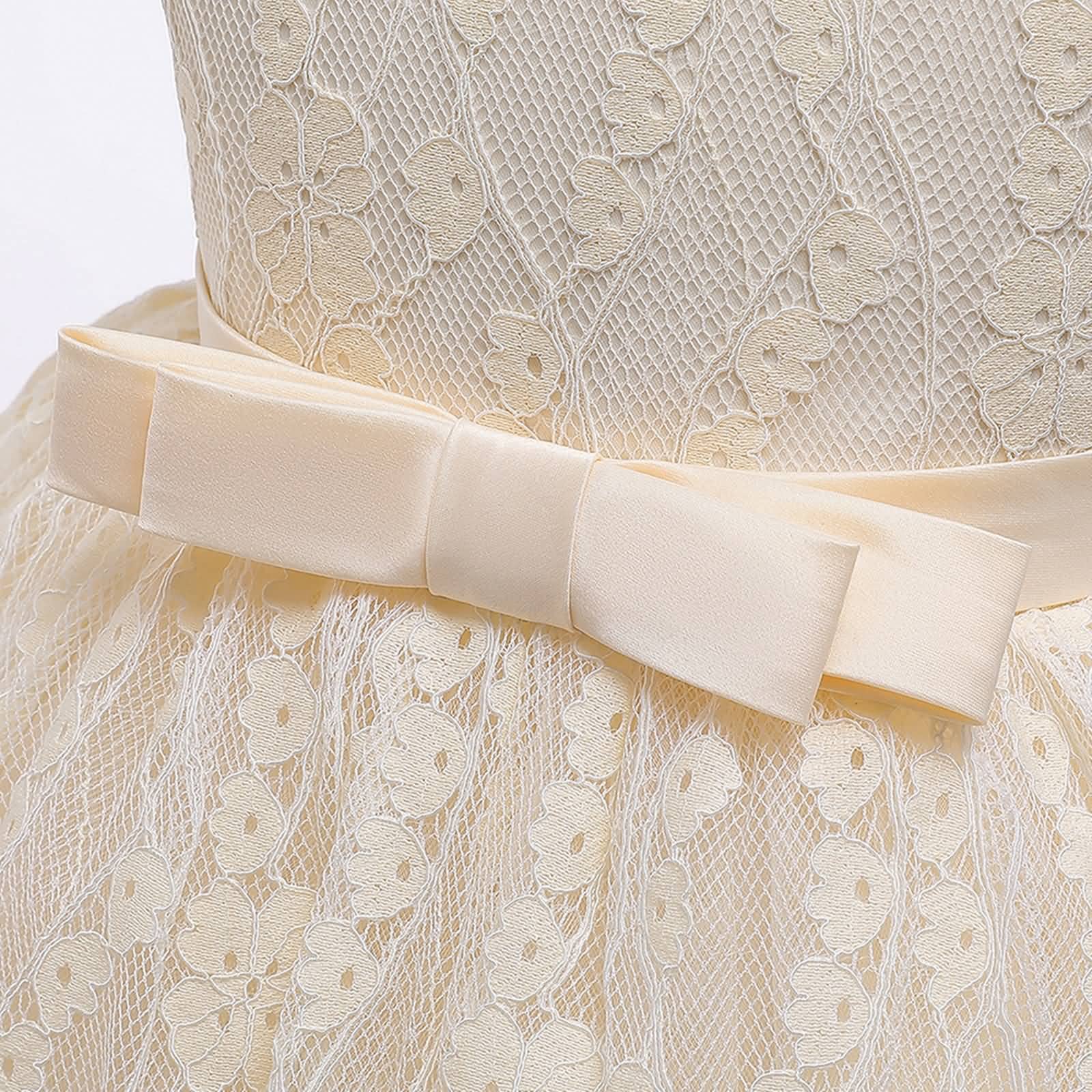 Gualiy Vestido de baile para niñas, vestido de fiesta para niñas de 4 a 10 años, vestido de tul de encaje champán con cuentas y lazo en la cintura sin mangas
