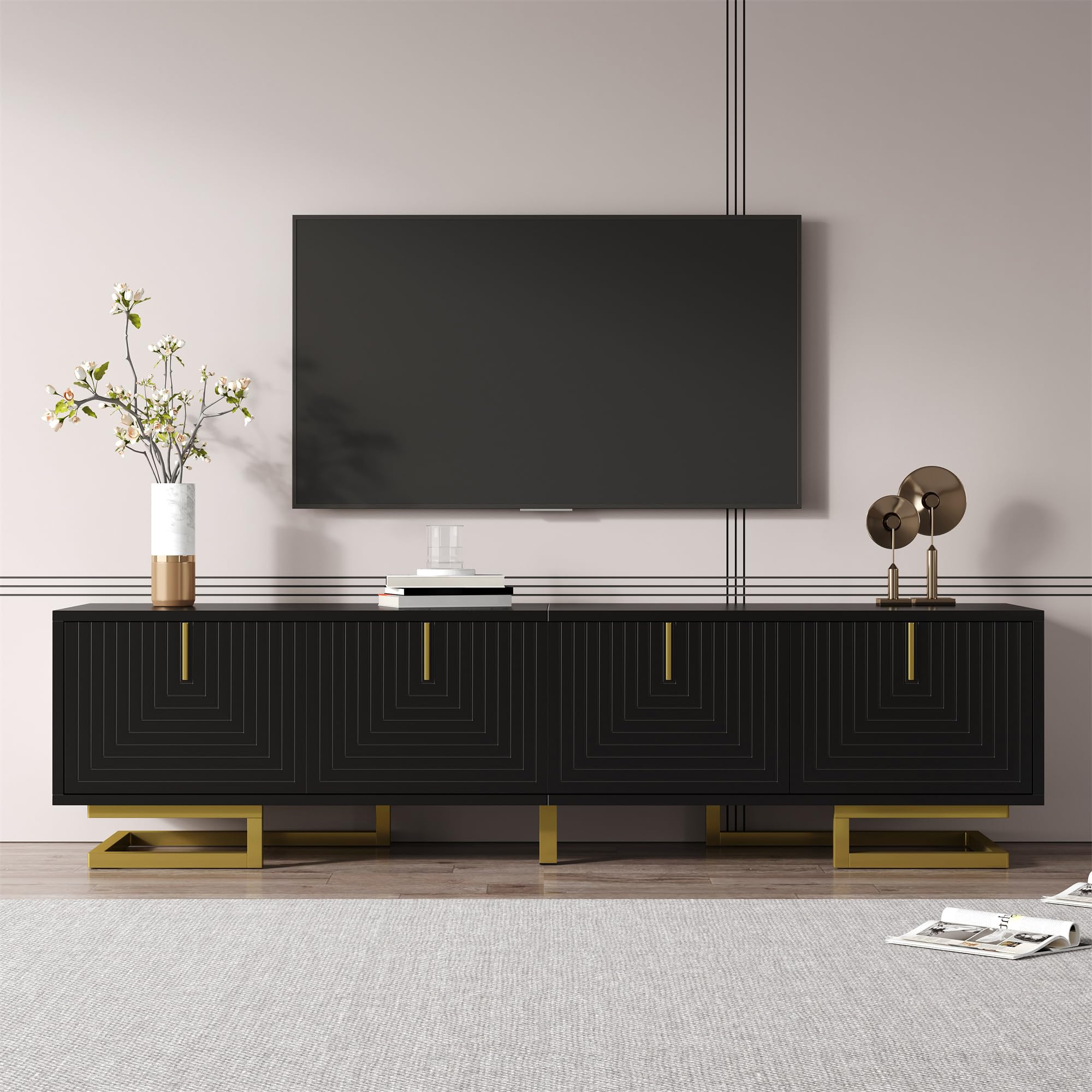 Merax TV Unit Cabinet Entertainment Center TV Cabinet for Living Room with Storage Cabinets,Geometric Design Media Console Table, Sturdy Metal Base - Black & Gold -169 * 34 * 35.5CM โ image 1