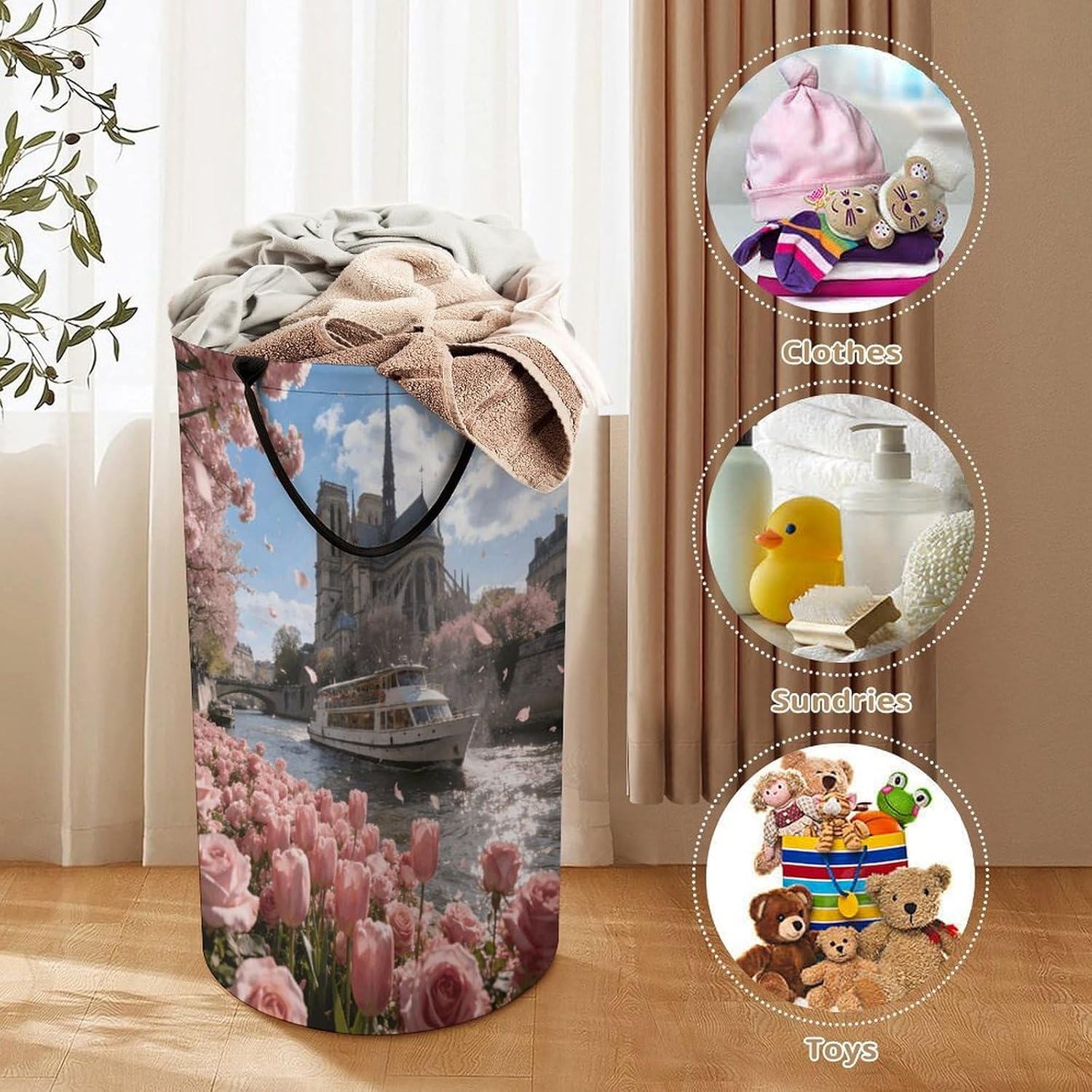 Pink Parisian Bloom Laundry Hamper Portable Lightweight Clothes Hampers Fashion Dirty Laundry Storage Basket Large Capacity Foldable Clothes Baskets for Bathroom Bedroom