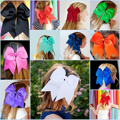 Miniatura 5 de WillingTee 20 lazos grandes de 8 pulgadas para niñas, soporte para cola de caballo, cinta de grogrén, lazos de animadora, bandas elásticas para el