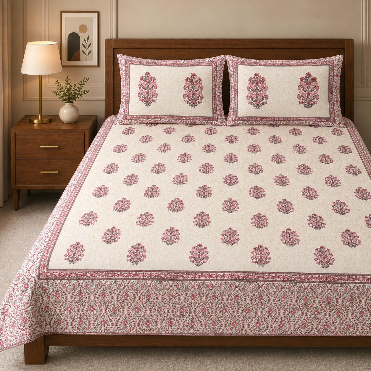 ElanorHomes Cotton Double King Size Bedsheet | Hand Printed | Ultra-Soft & Skin-Safe | Breathable Summer Comfort | 90x108 inches with 2 Pillow Covers (red Fulwari Print)-image-5