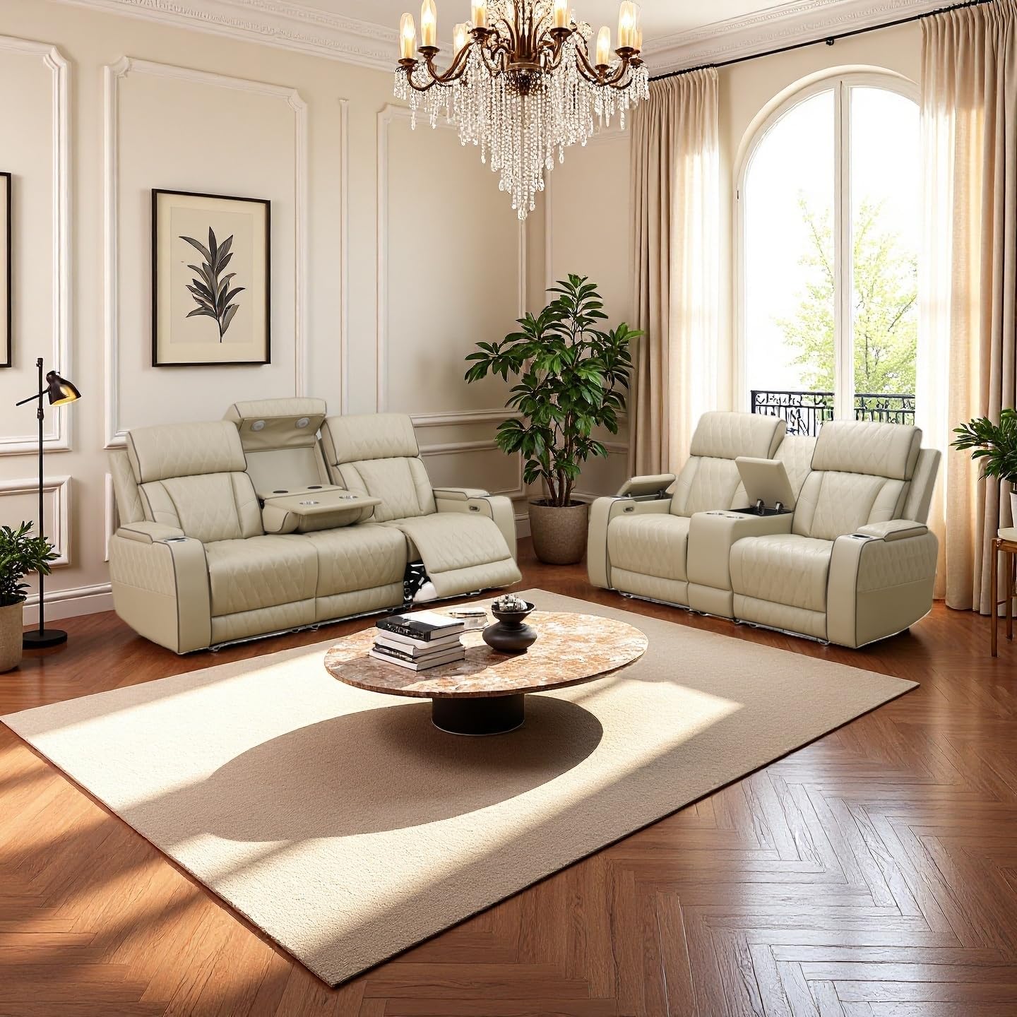 Power Recliner Sofa Set for Living Room,Khaki Leather Reclining Sofa and Loveseat with USB Port,Leather Couch with Power Recliner for Living Room/Apartment/Office