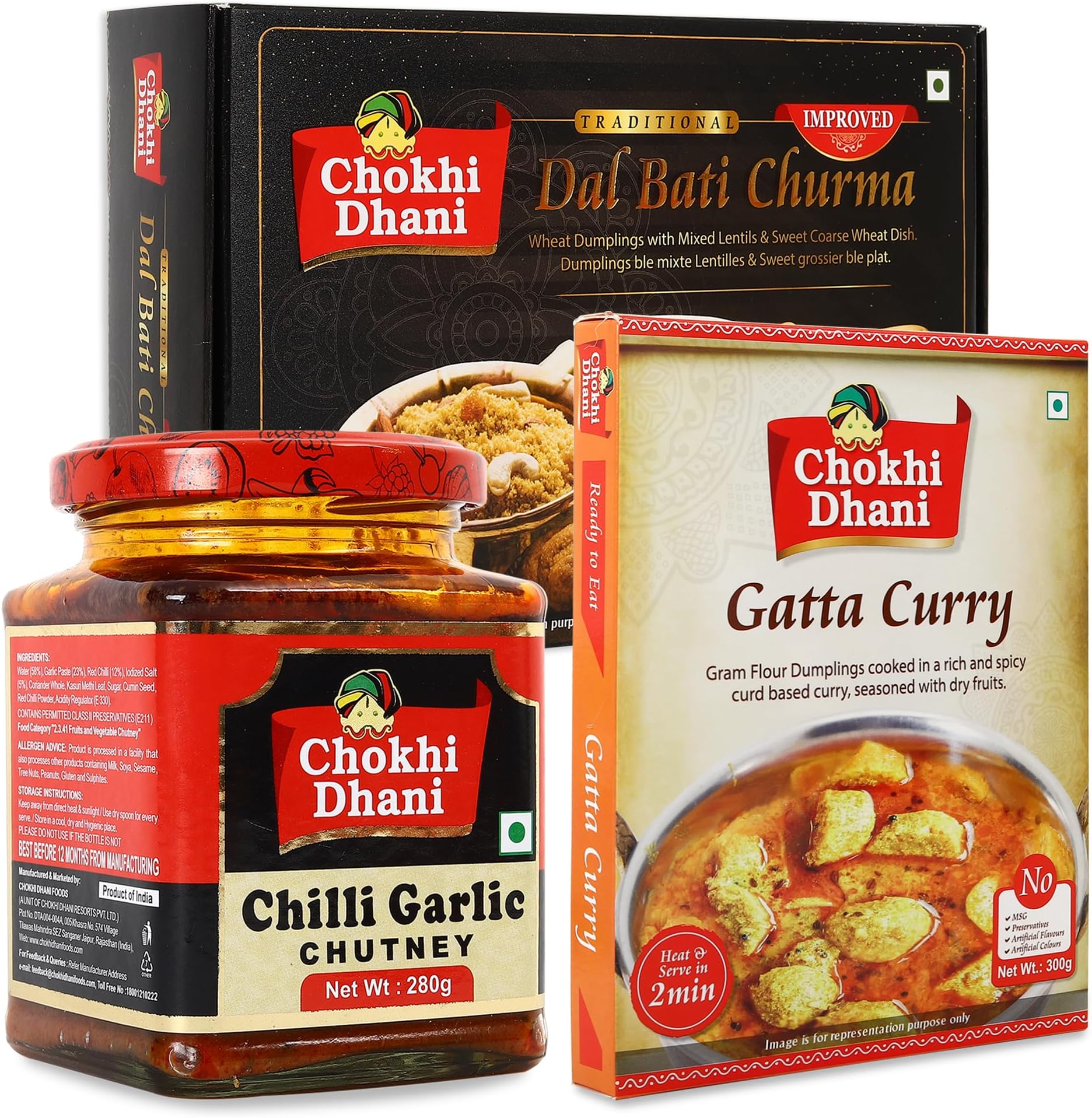 Rajasthani Ready to Eat Combo Pack of (Dal Bati Churma, Gatta Curry and, Chilli Garlic Chutney)