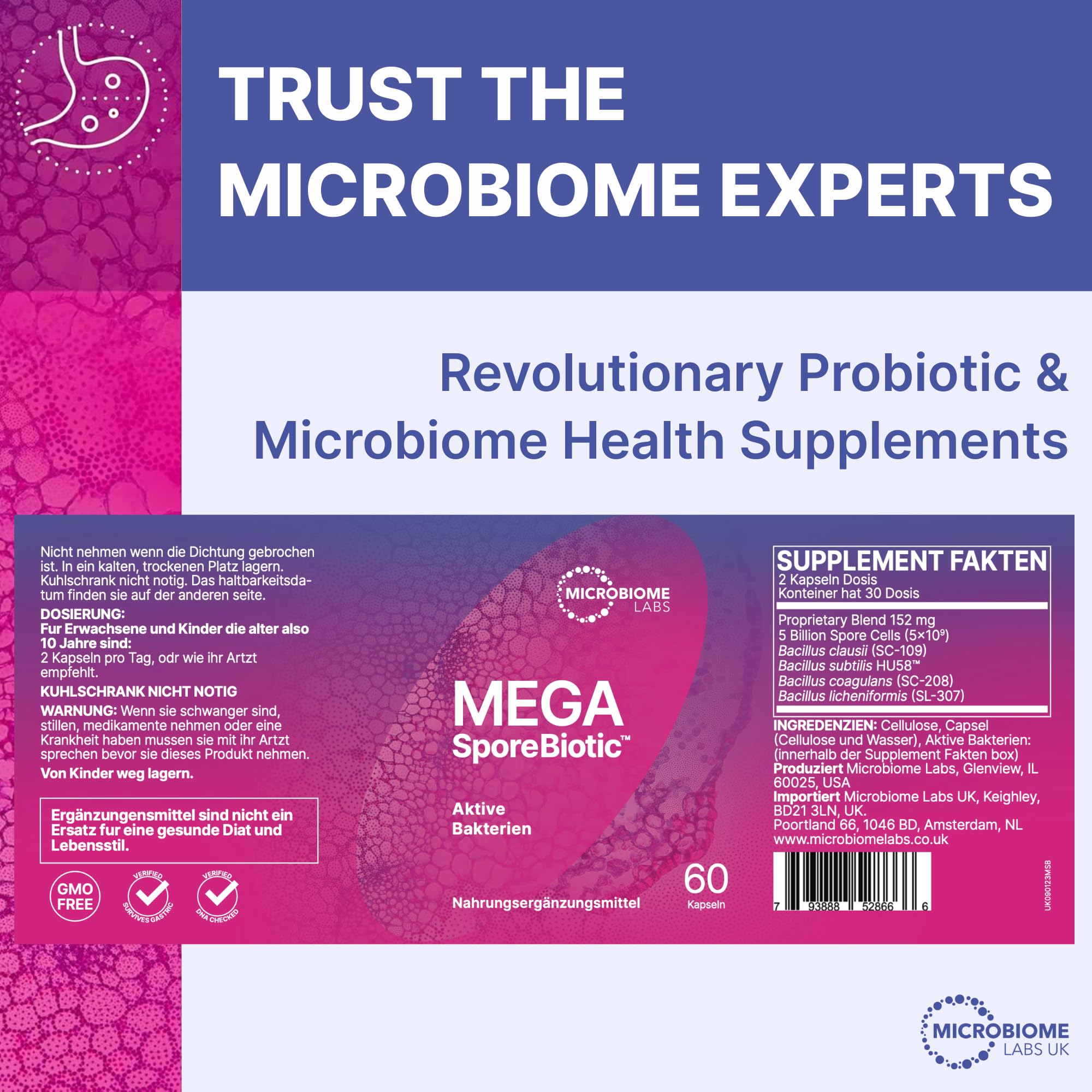 Microbiome Labs MegaSporeBiotic – Sporenbasiertes Probiotikum mit 4 Bacillus-Stämmen, aktive Bakterien für Männer & Frauen, vegan, zur Unterstützung der Darmflora, lagerstabil, 60 Kapseln