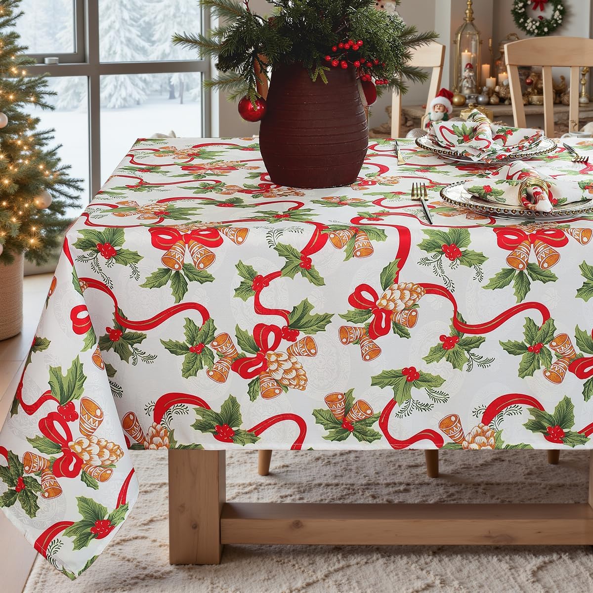 SASTYBALE Christmas Cloth Napkins Set of 4, Washable Xmas Napkins with Jingle Bells & Holly Leaves, Heavyweight Spillproof Napkins for Winter Party