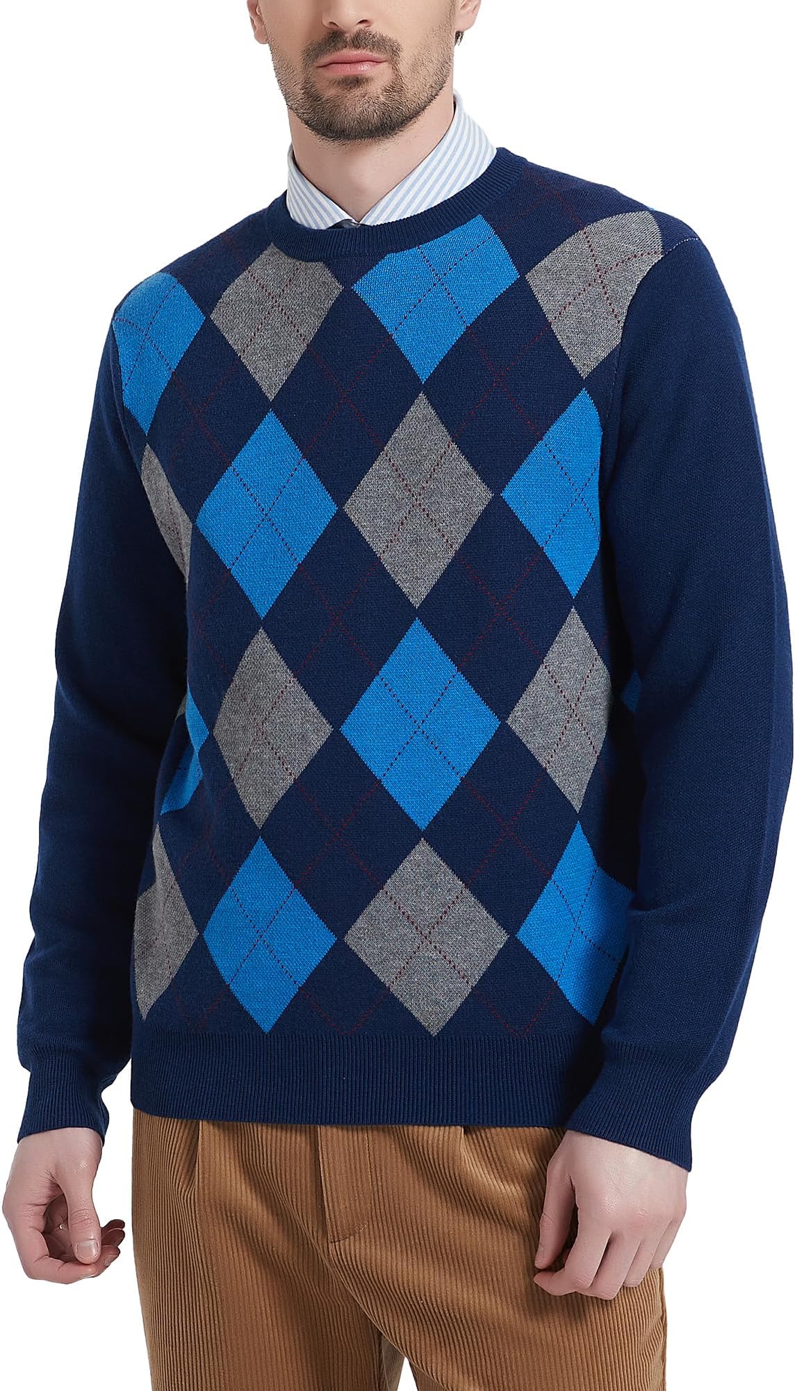 KallspinMen's Crewneck Argyle Knit Jumpers Wool Blend Long Sleeve Sweater Pullovers