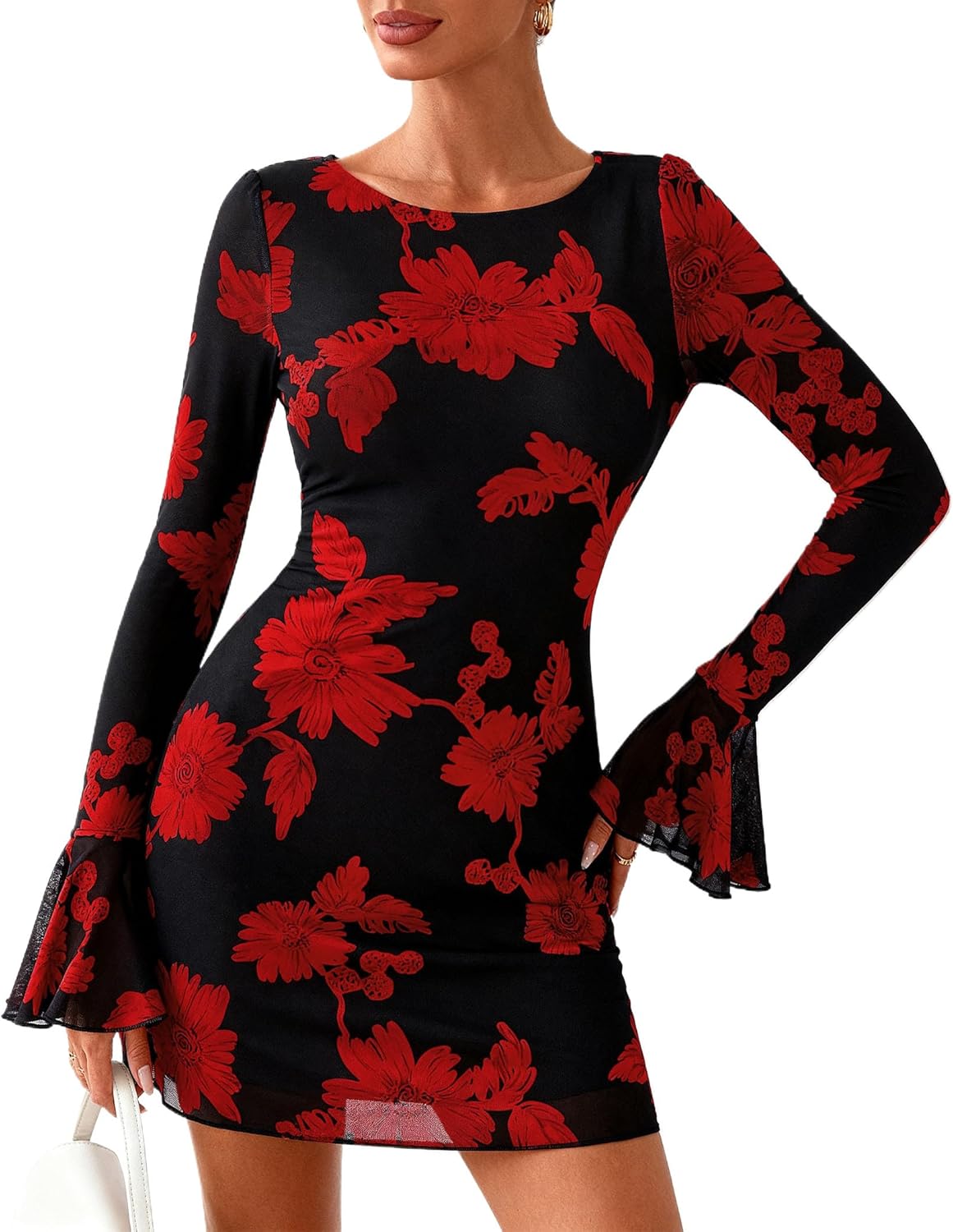 PRETTYGARDEN Women's Floral Dress Spring Fall Fashion Long Bell Sleeve Flower Mini Short Mesh Bodycon Party Dresses