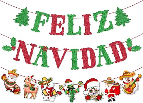 Miniatura 1 de Glittery Feliz Navidad Banner Red Green Mexican Christmas Decorations Mexican Christmas Decorations, Indoor Feliz Navidad Backdrop Posadas Navideñas