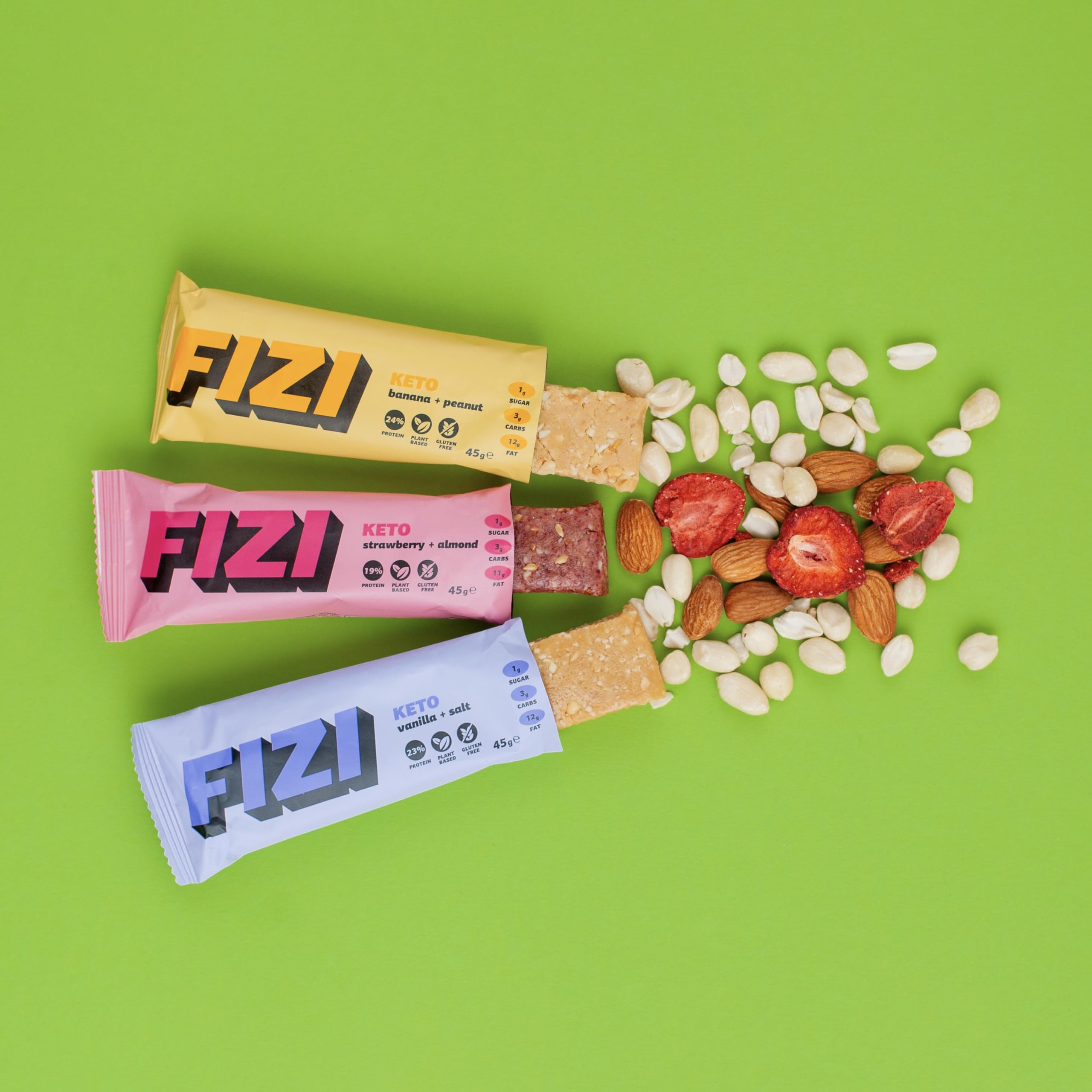 FIZI Keto Mix Box – Pack Variado 10 x 45g – Barritas de 27% Proteína Vegana Bajas en Carbohidratos – Sin Gluten y Sin Azúcar Añadido – Solo 1g de Azúcar por Barrita – Snack Cetogénico
