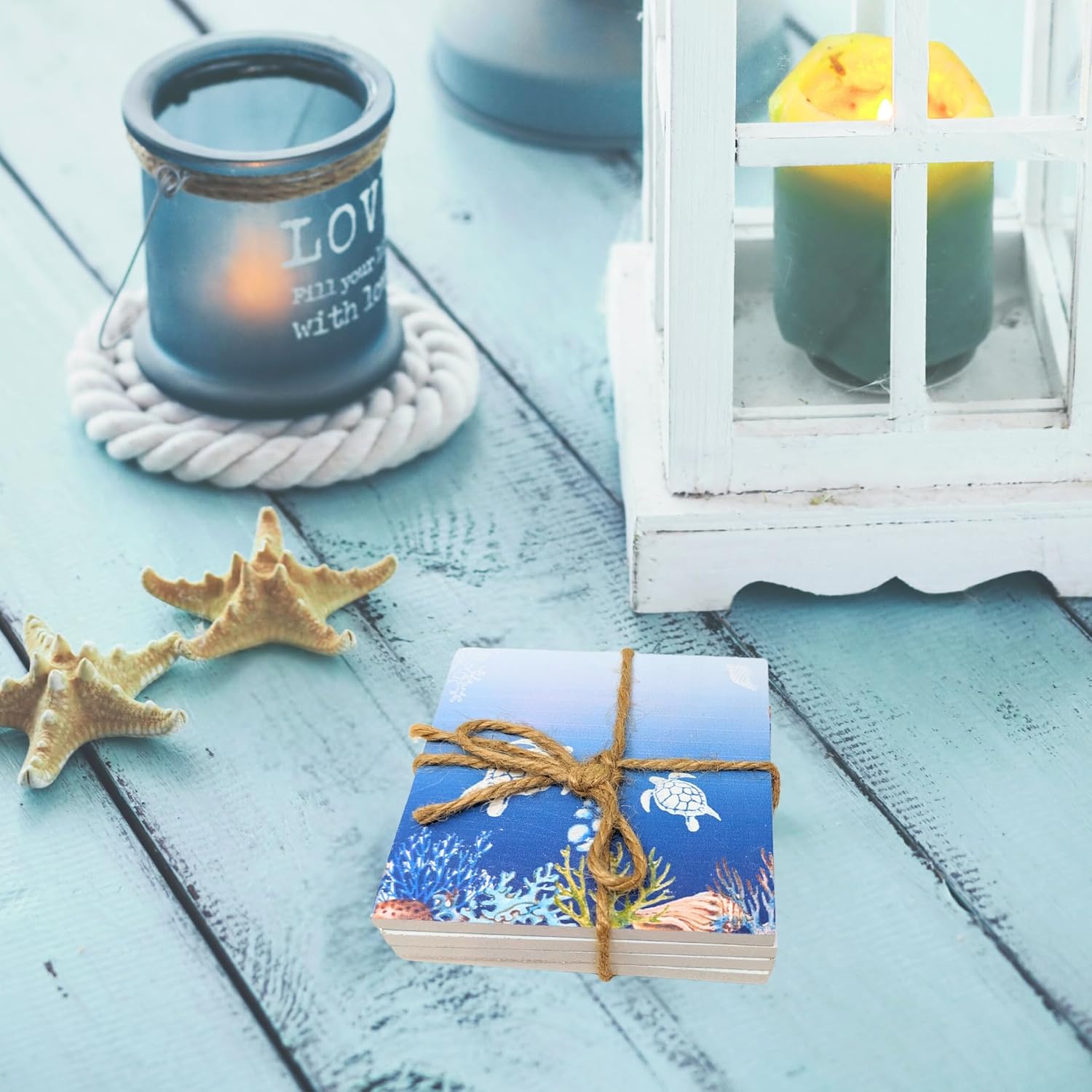 ウミガメ航海木製コースター &ndash; コースタルドリンクコースター4点セット ロープ付き コーヒーテーブル&amp;バー用 &ndash; 素朴なオー