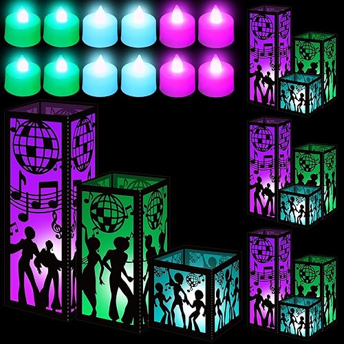 12 juegos de centros de mesa de discoteca para mesa 3 tamaños 70 bola de disco bailarín cajas de linterna de papel, ideas de mesa para decoración de
