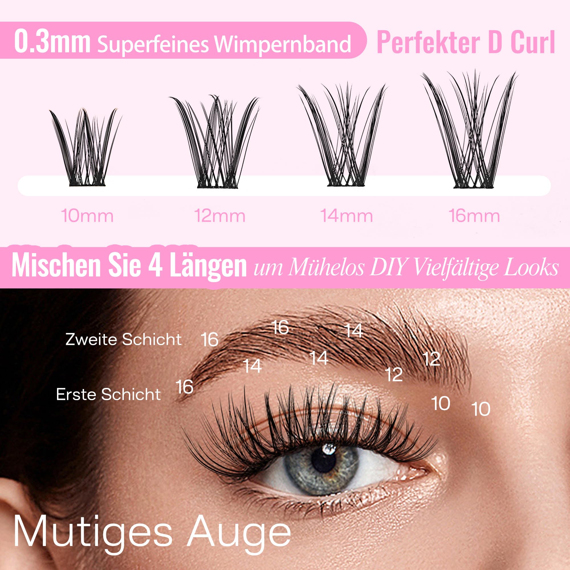 CALAILIS Rzęsy pojedyncze, 96 szt. DIY pojedyncze rzęsy do samodzielnego stosowania do przedłużania rzęs w domu, 10-16 mm D Curl Cluster Individual Lashes (HD10-MIX)