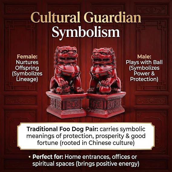 Foo Dogs Feng Shui Decor, 1 Pair 10.5inch Wooden Chinese Guardian Pair Ornaments, Foo Dogs Statues for Home Office Store Decorations