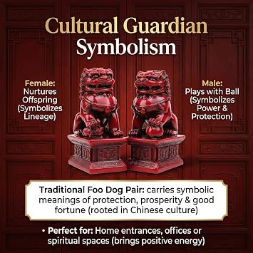 Foo Dogs Feng Shui Decor, 1 Pair 10.5inch Wooden Chinese Guardian Pair Ornaments, Foo Dogs Statues for Home Office Store Decorations
