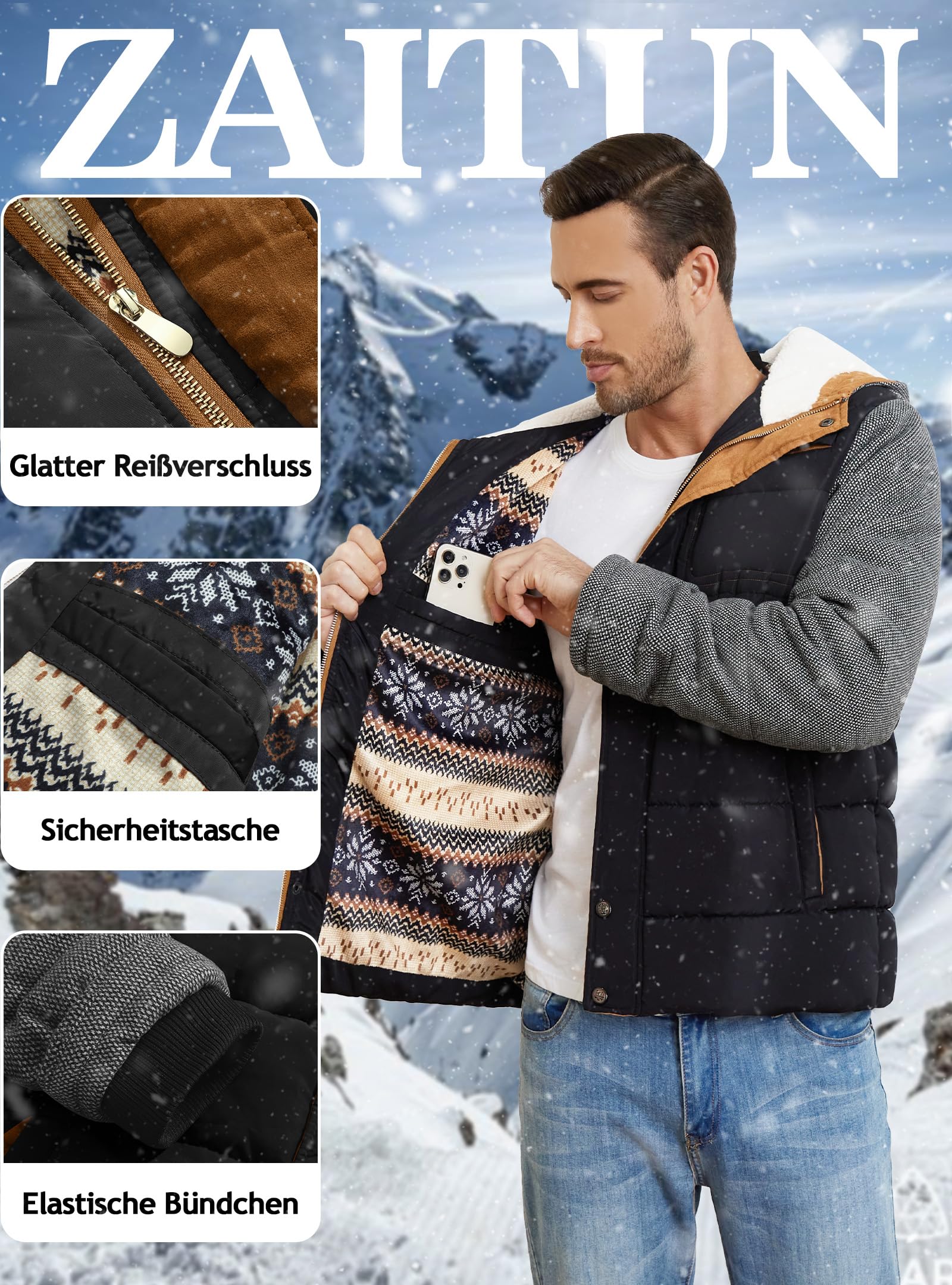 Zaitun Herren Winterjacke Warme Fleecejacke Gefüttert Windbreaker mit Kapuze Winddichte Outdoor Jacken Thermo Puffer Jacke
