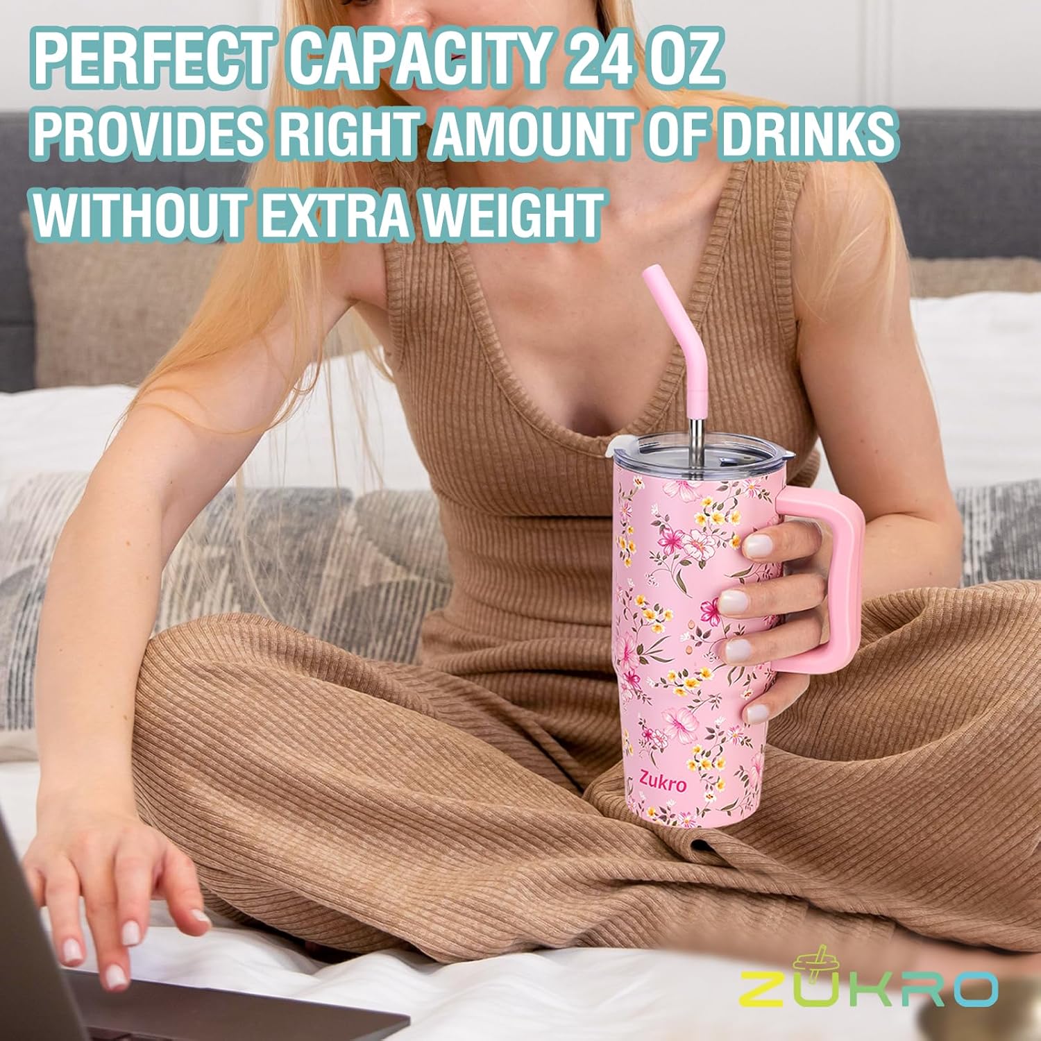 Zukro 24 oz Tumbler with Handle and Straw, Insulated Leak Proof Coffee Travel Mug with 2 Lids, Keep Drinks Hot or Cold, No Sweat Stainless Steel Cup for Home/Office/Car, Dishwasher Safe - Image 4