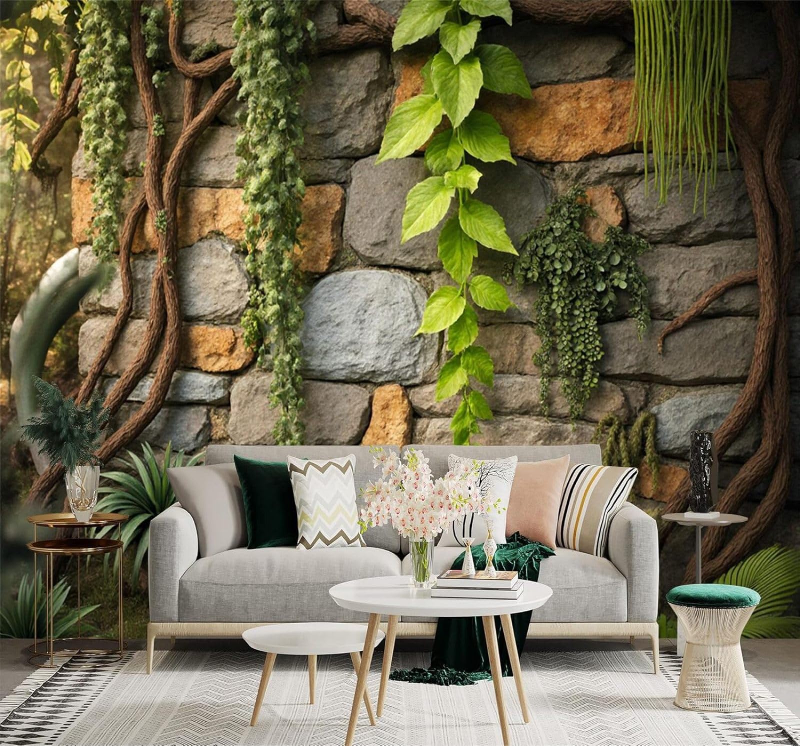 XLMING Vintage Stone Wall Three Dimensional Green Vines Tropical Plants 3D Wallpaper Silky Texture Home Study Office Grey Dining Room Sofa Bedroom Living Room TV Backdrop-250cm×170cm
