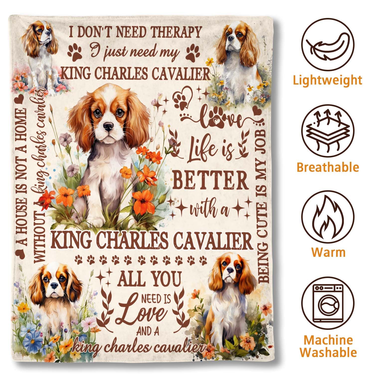 King Charles Cavalier - Manta para dueños de perros, 127 x 152 cm, manta King Charles Cavalier para mujeres y niñas