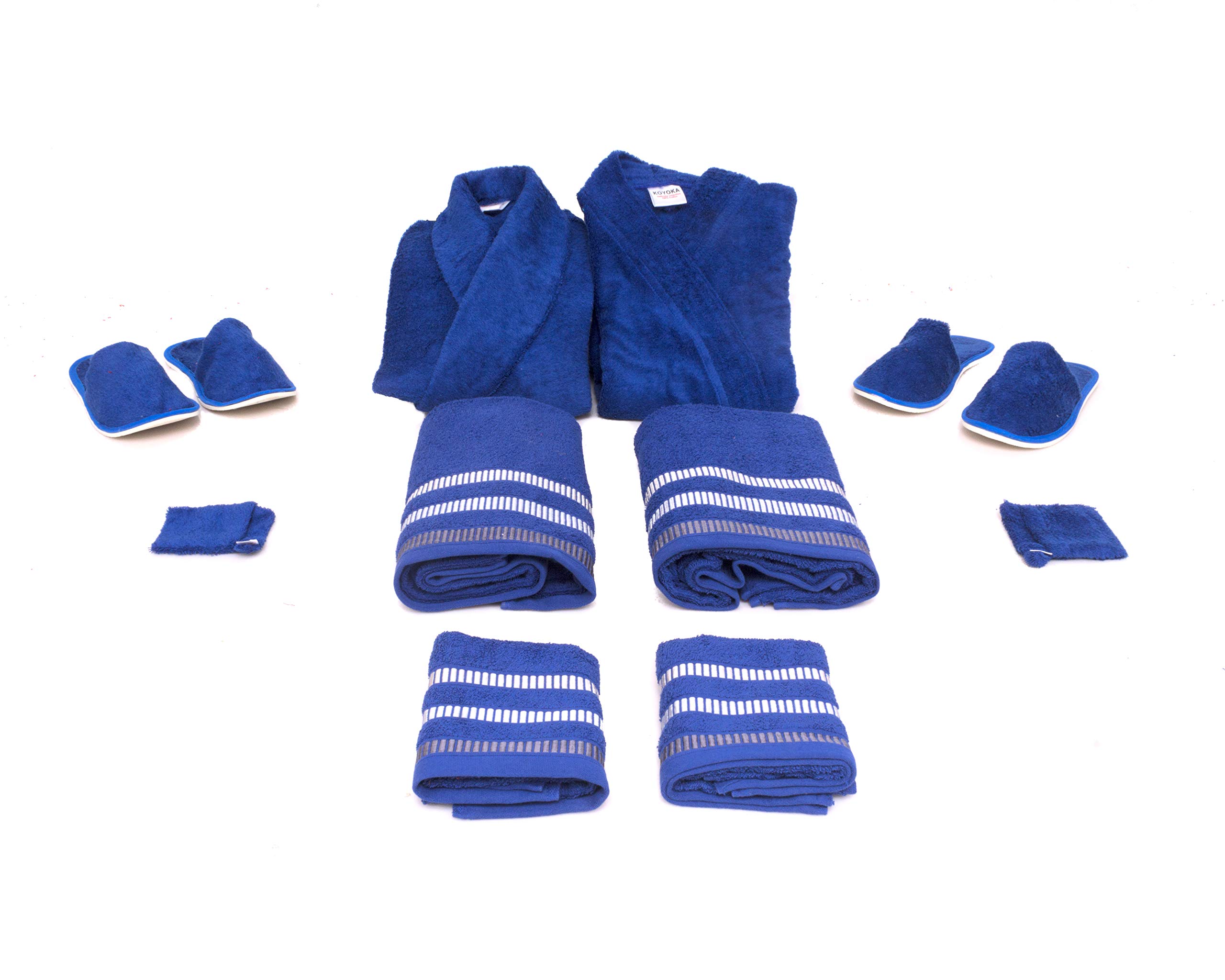 KOYOKA Rock Daniel 10 Pieces Luxury Bathrobe Set (1 Male, 1 Female Bathrobe, 2 Big Towels, 2 Hand Towels, 2 Slippers, 2 Soap Pouches) - Royal Blue, Free Size