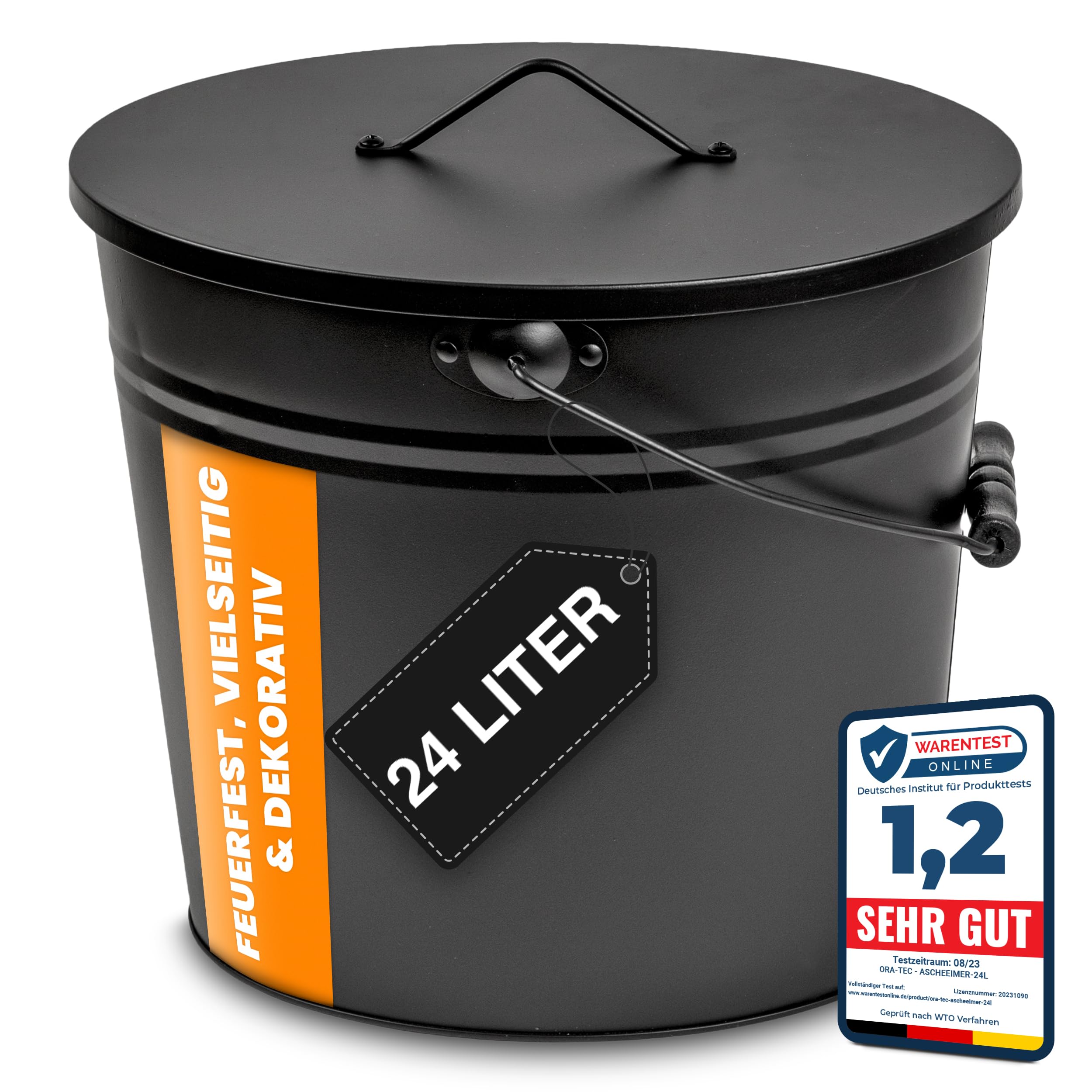 XL Ascheeimer mit Deckel - Kohleeimer 24 Liter aus Stahlblech im Schwarz - Kamineimer mit Deckel - Ascher Allzweckeimer für den Innen- und Außenbereich