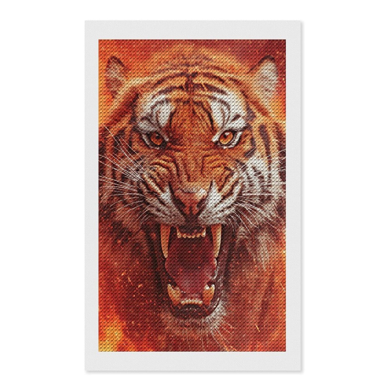 Junmoney Roaring Tiger Portrait in Fiery Hues DIY Diamond Art Canvas Kit 12"x20", Complete Accessories, Creative Leisure Activity, Home Wall Decor, Gift Idea