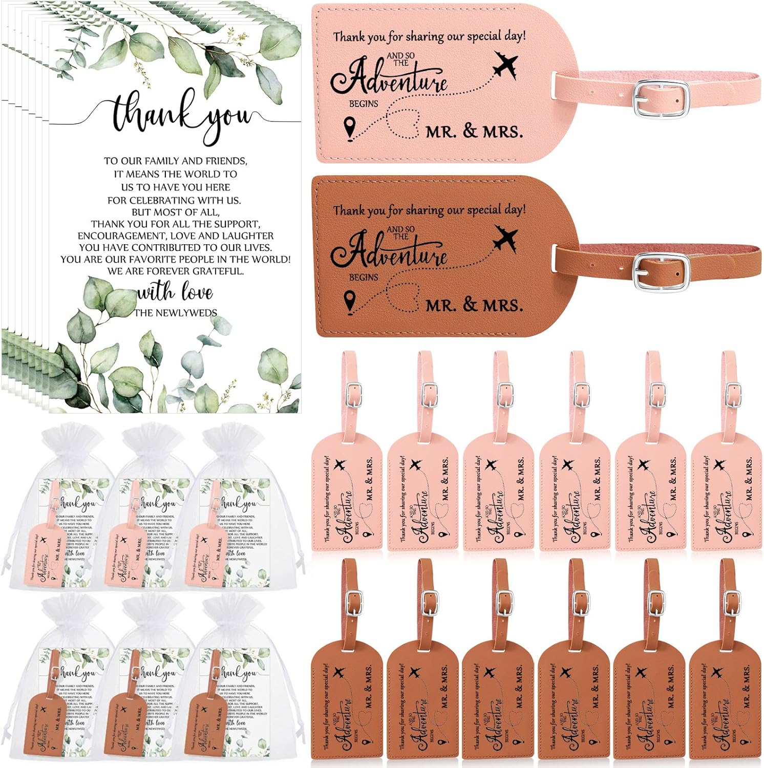 Dandat 50 Sets Wedding Favors for Guest Leather Luggage Tag Bulk Honeymoon Travel Wedding Favor with Thank You Cards and Bags for Destination Bridal Shower Return Favors, Pink Brown
