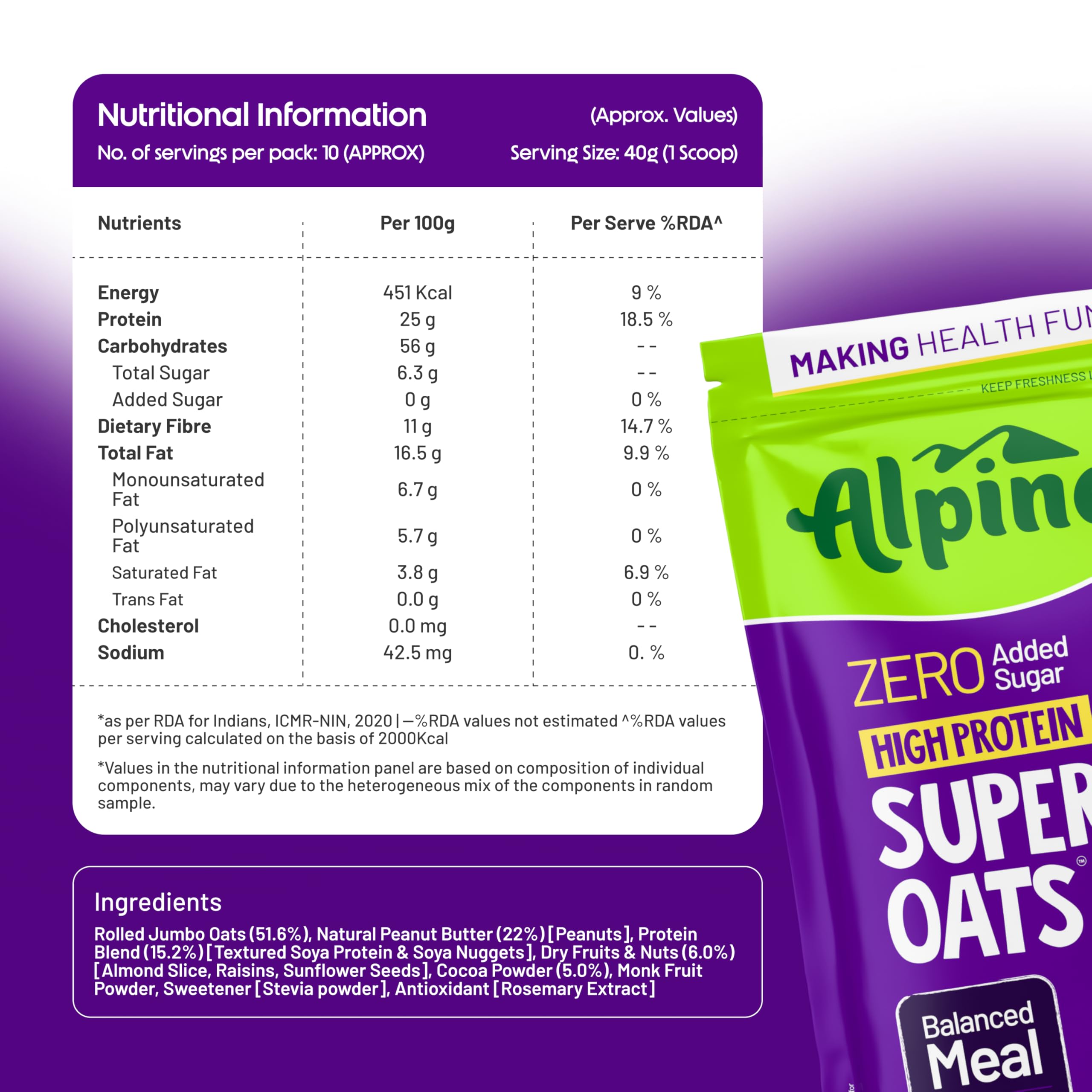 ALPINO 25g High Protein Super Oats Chocolate 400g – Rolled Oats with Peanut Butter, Cocoa, Nuts & Seeds – Zero Added Sugar & Salt – Source of Dietary Fibre & Healthy Fats