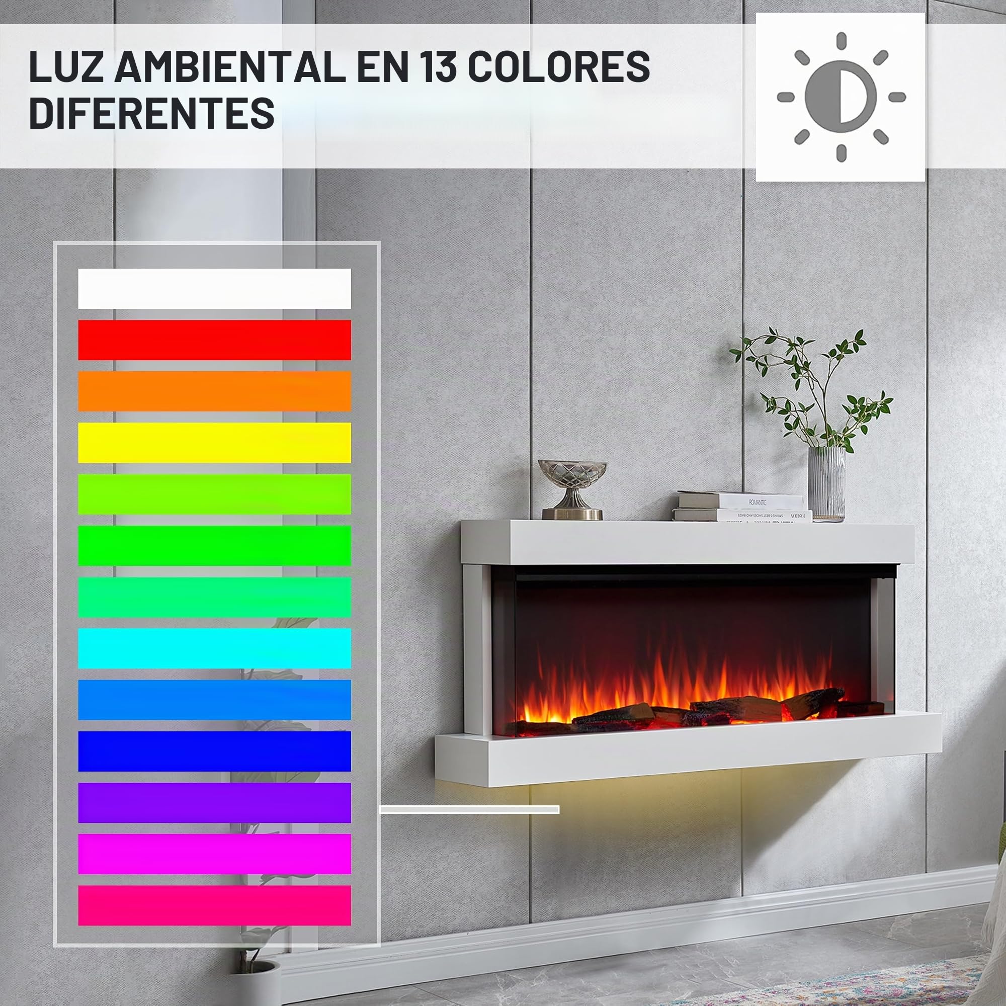 BALDERIA Achilles L - Chimenea eléctrica de Pared - Blanco | Calefacción 1500W, iluminación LED, WiFi, control por App, sonido de crepitación, mando a distancia
