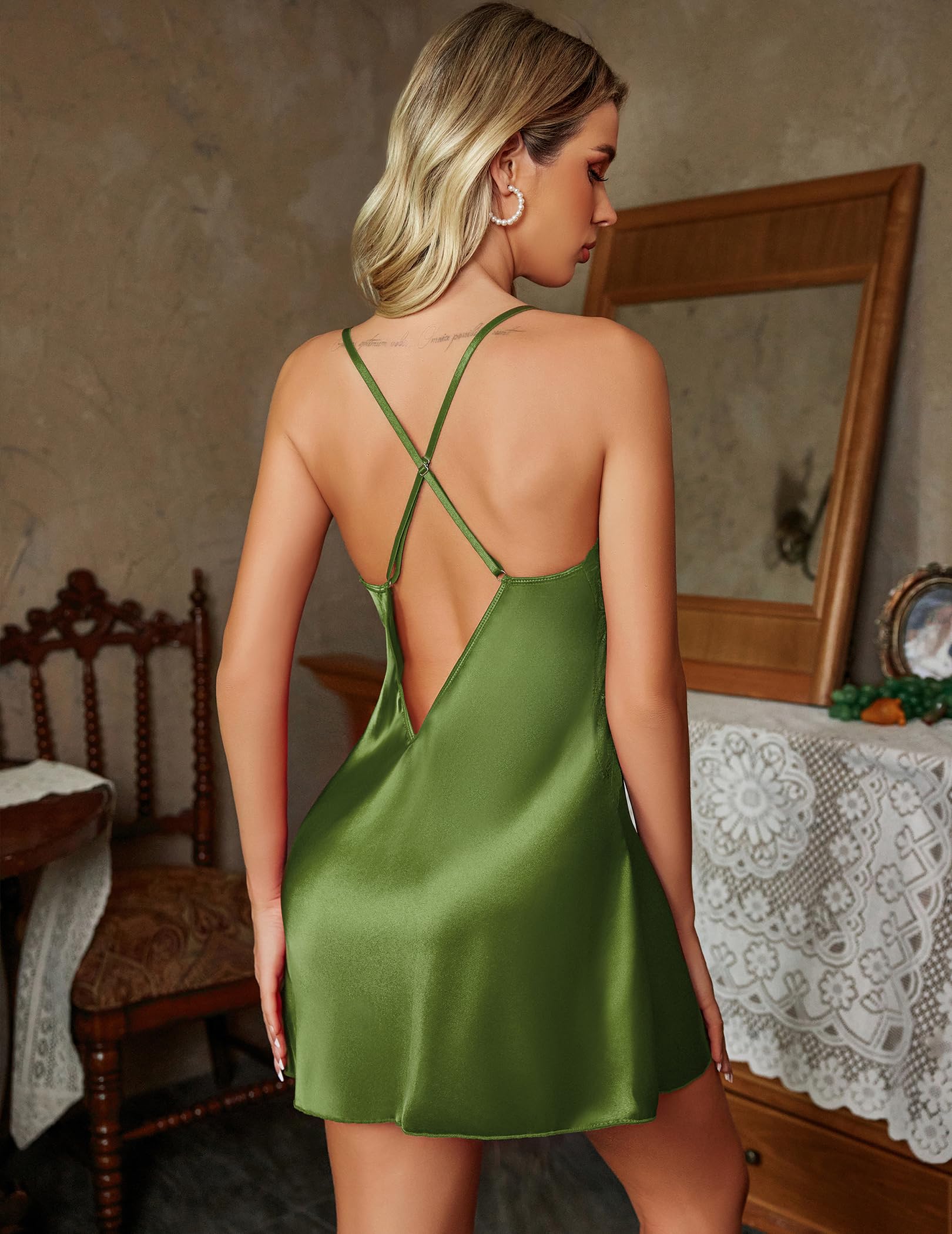 Avidlove Women Lingerie V Neck Sexy Nightwear Satin Sleepwear Lace Chemise Mini Babydoll Nightgown: Small Kelly Green