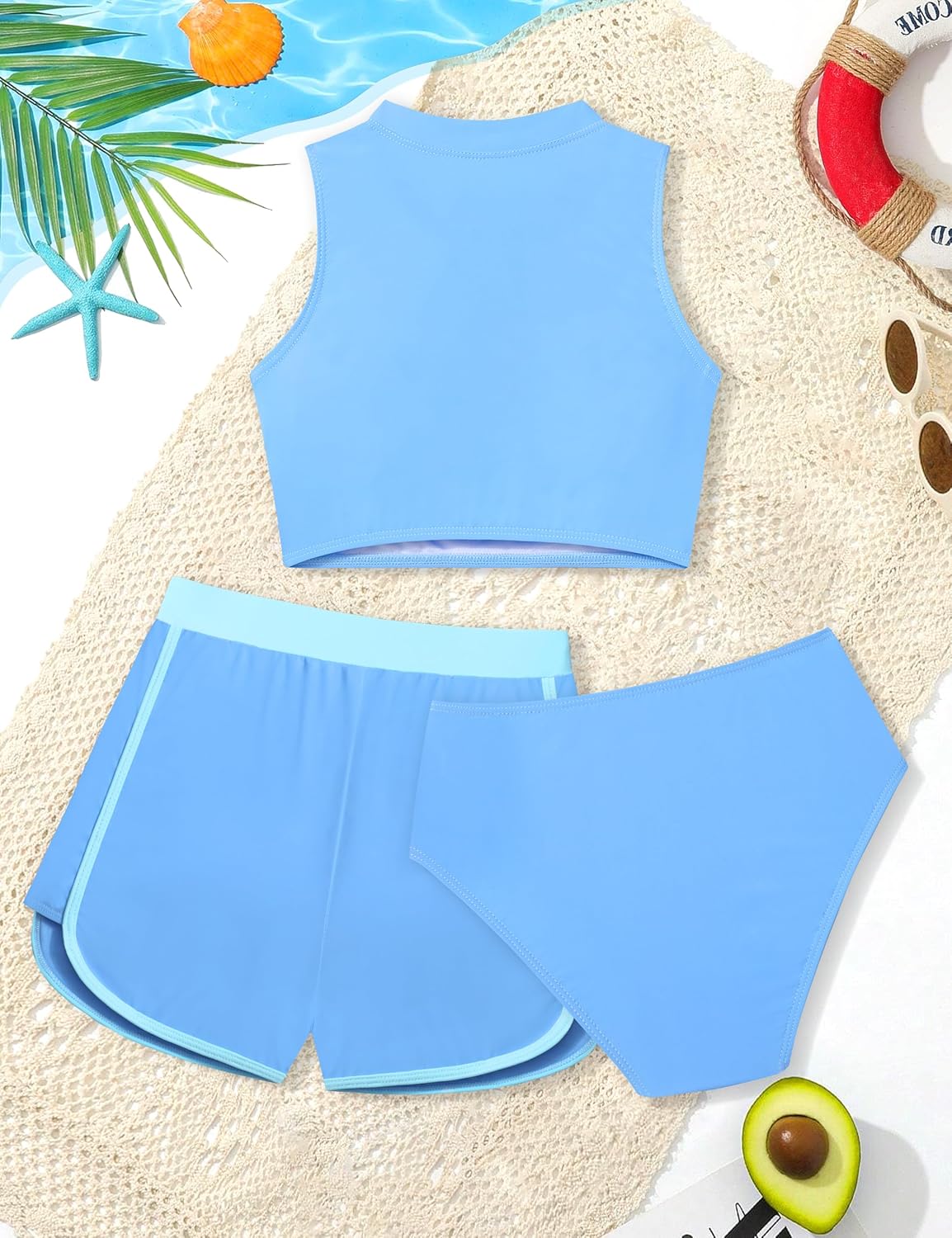 AGAPENG Girls Swimsuit 3 Piece Color Block Zipper Front Bathing Suit Bikini Set with Shorts Sporty Girls' Swimwear 7-16 Years - Image 7