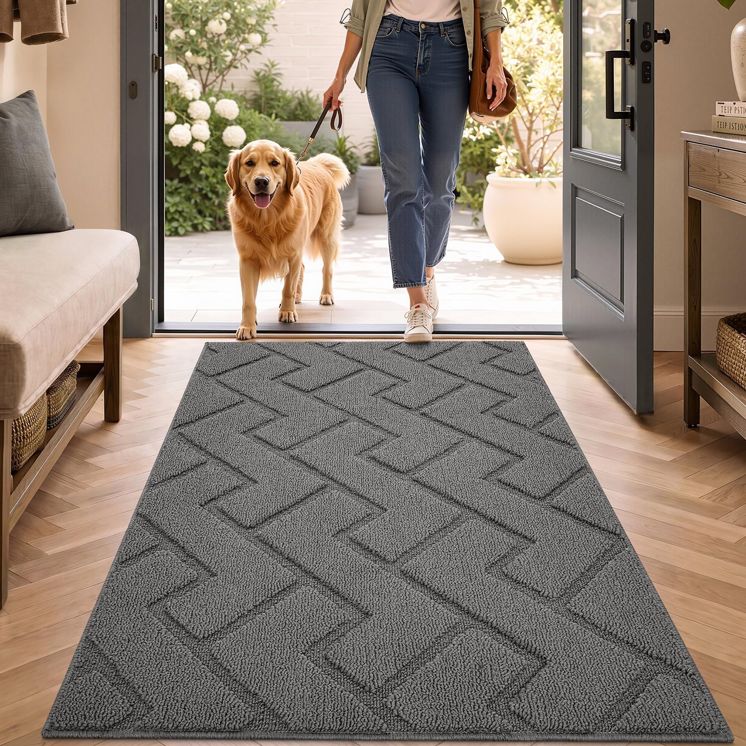 hicorfe Indoor Door Mat,Non Slip Door Mats,32"x48" Front Back Door Mat Rubber Backing,Absorbent Resist Dirt Entrance Inside Floor Mats for Entryway Washable Low-Profile(Grey)