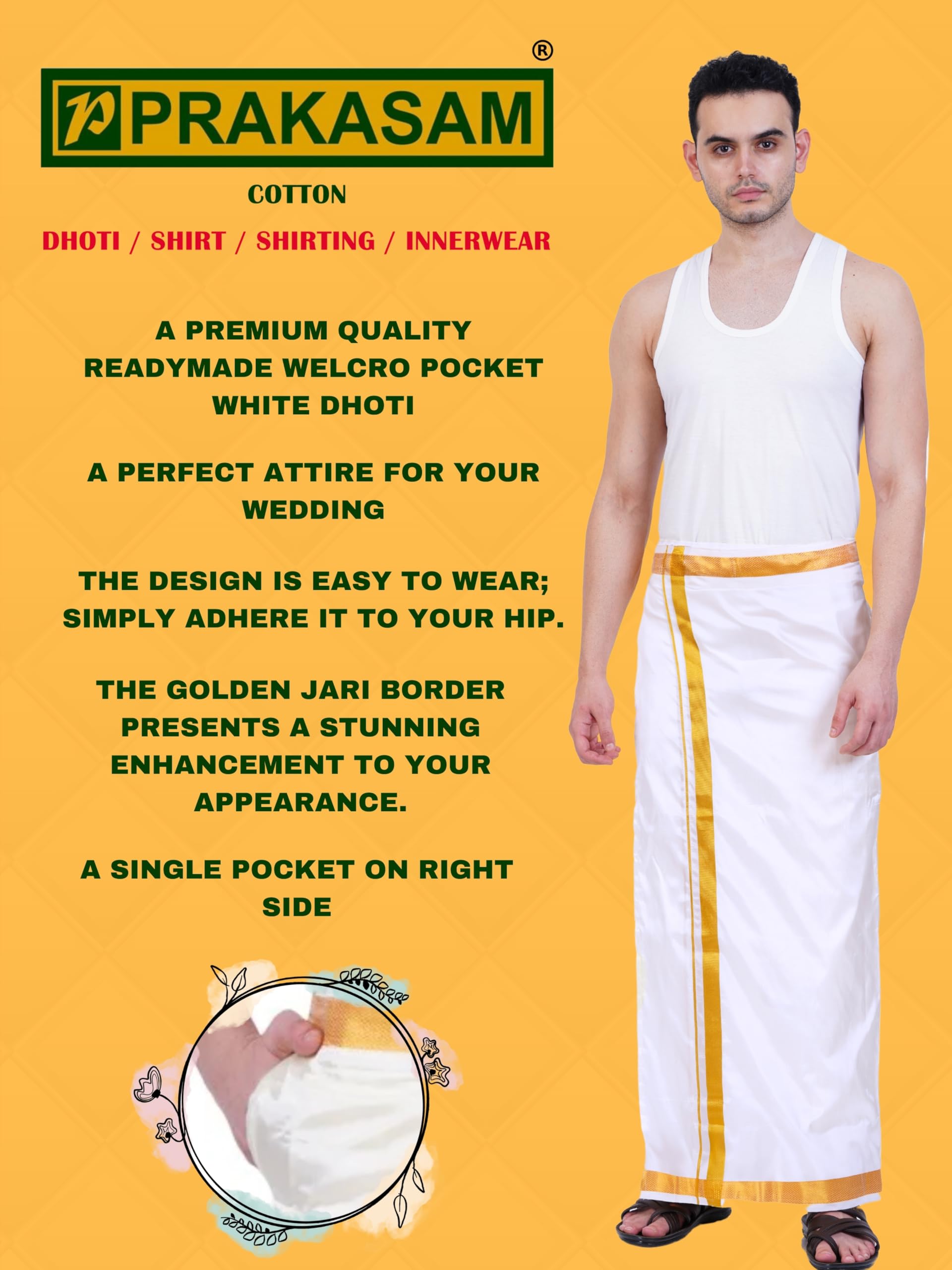 Prakasam Cotton Mens Double Layers Art Silk - Welcro Pocket Dhoti For Mens (White, 46)