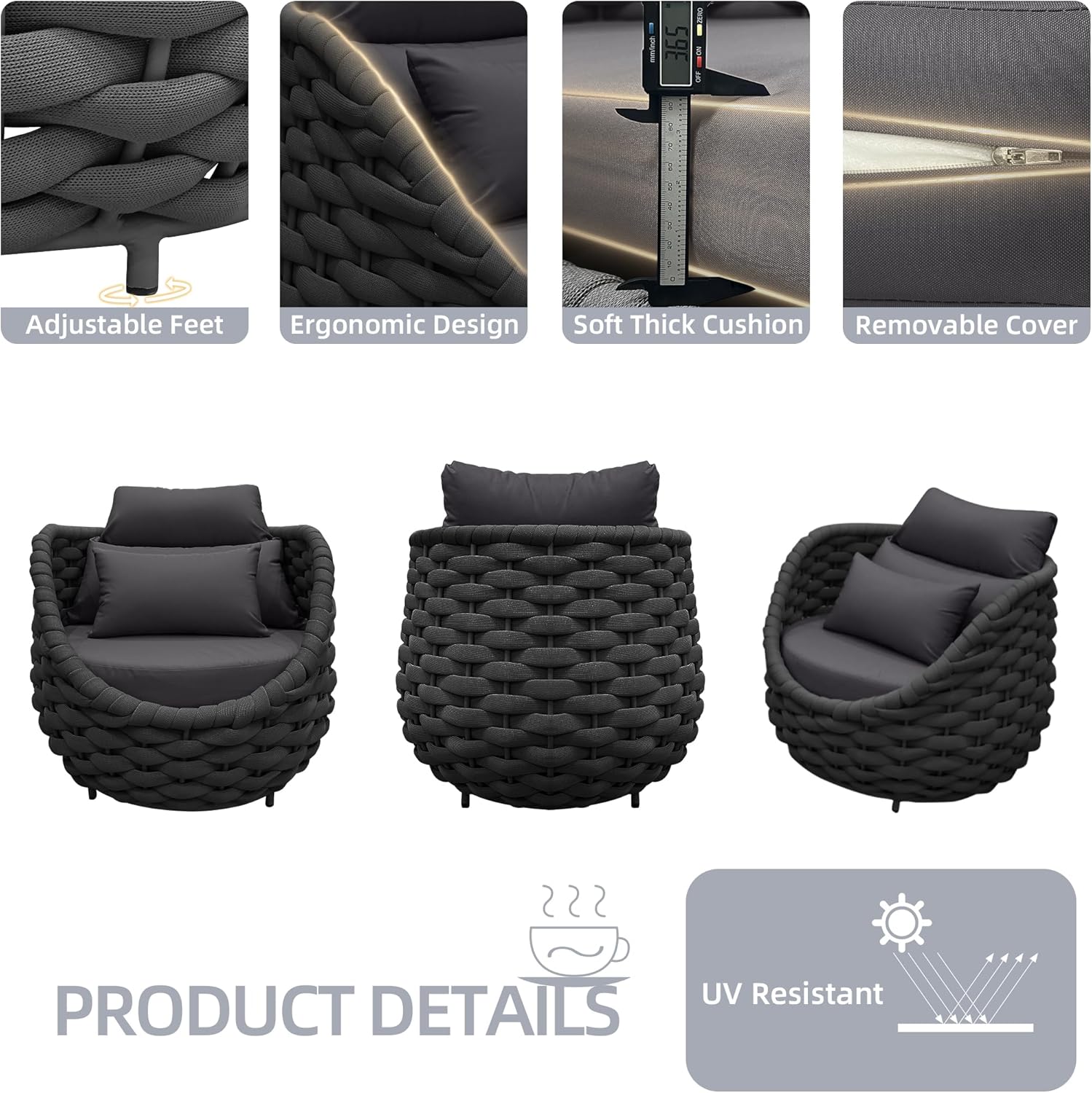 TWT Decorative Garden Stool Patio Sofa All-Weather Textilene Rope Balcony Furniture with Cushions & Pillows for Garden Patio Lawn Home Indoor Outdoor (Dark Grey, 1 pcs)