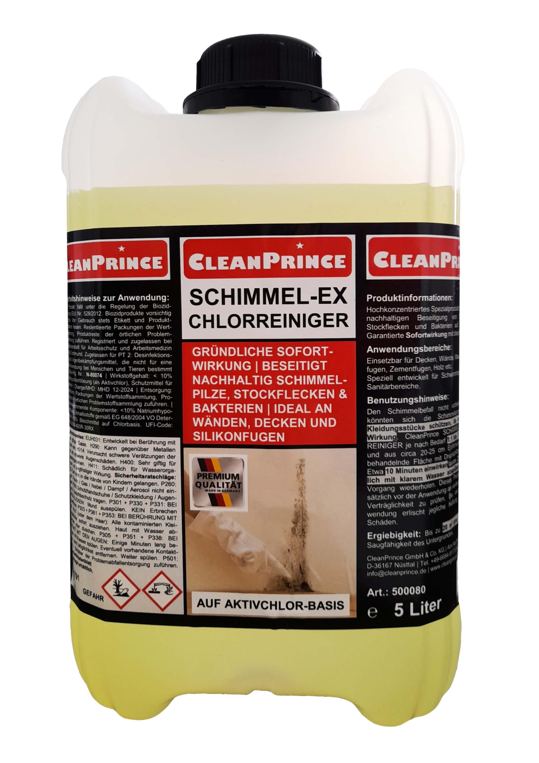 5 Liter Kanister CleanPrince Schimmel-Ex Chlorreiniger chlorhaltig | Konzentrat Schimmel Pilze Stockflecken aufhellend und beseitigend