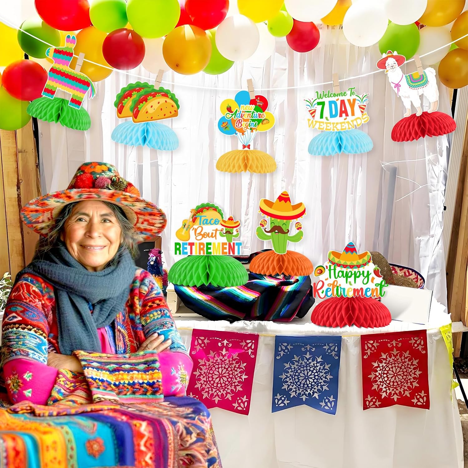 8 Pieces Taco Bout Retirement Honeycomb Centerpieces - Mexican Fiesta Retirement Decorations, New Adventure Begins Welcome To 7 Day Weekends Table Toppers, Happy Retirement Party Supplies