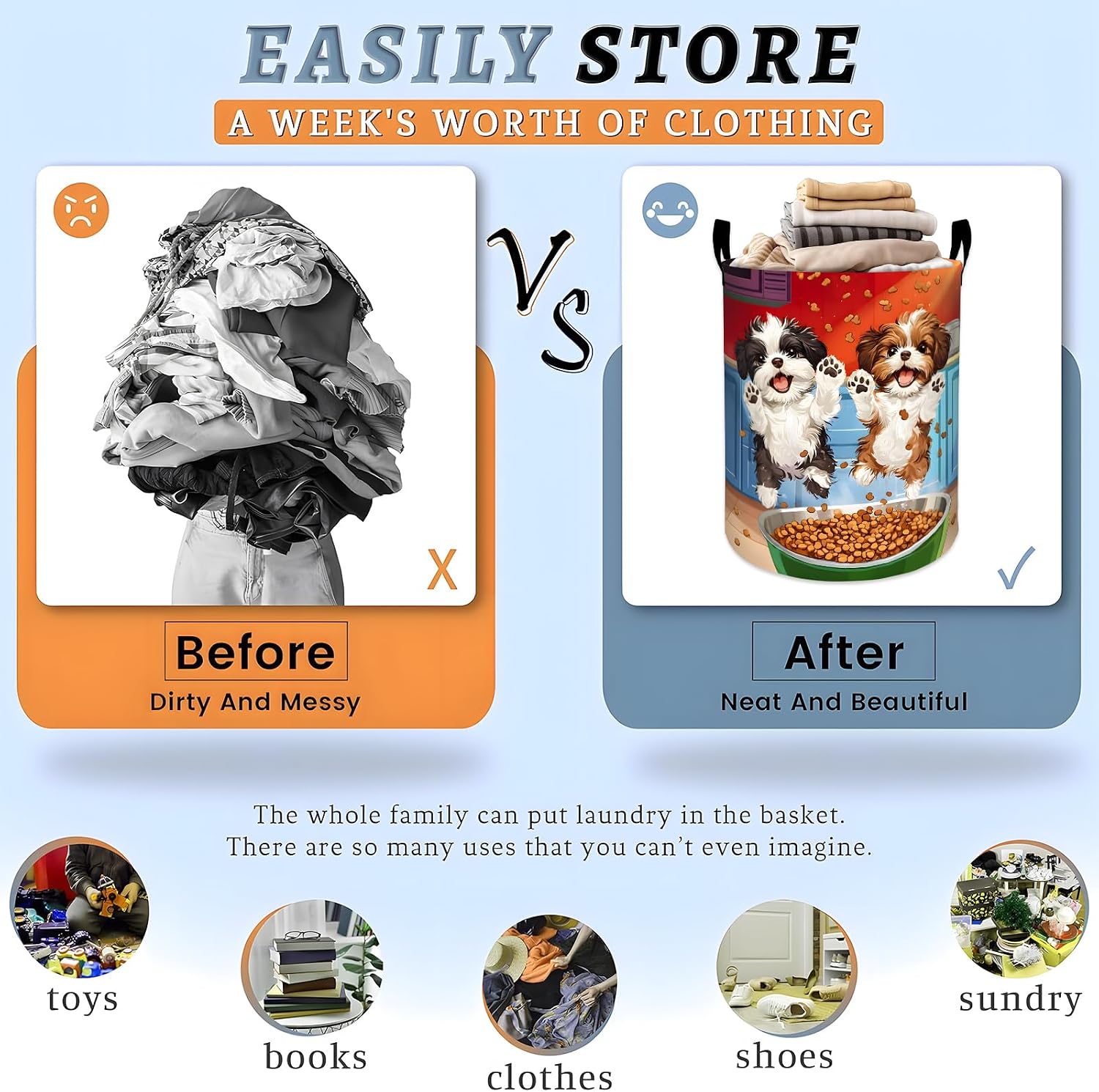 Funny Dog Laundry Basket, Puppy Pet Food Bowl Print Storage Hamper, Round Collapsible Waterproof Cloth Bin, 19.7x15.7 Inch Playful Clothes Organizer Gifts for Bathroom Decor